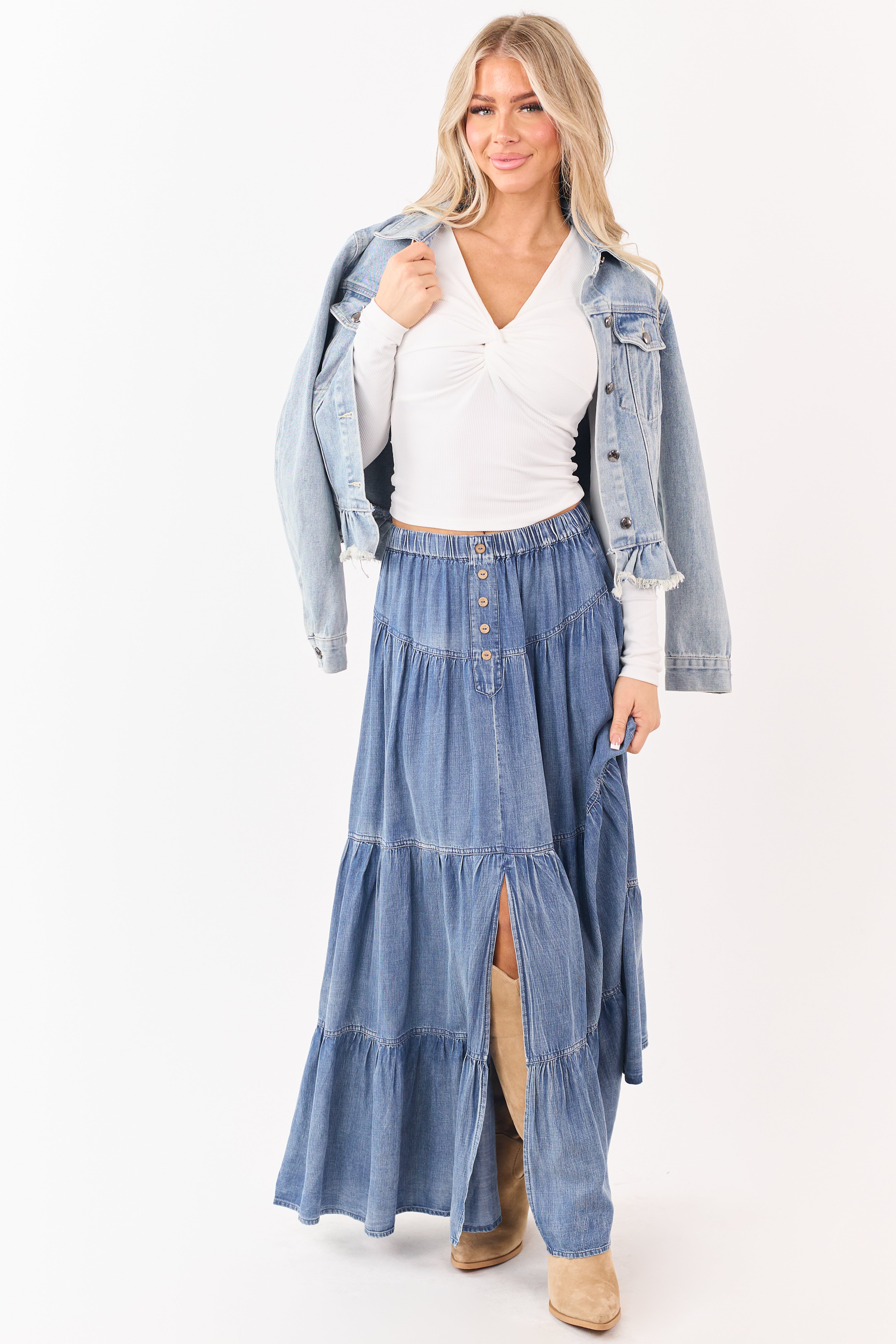 Medium Wash Chambray Denim Tiered Maxi Skirt