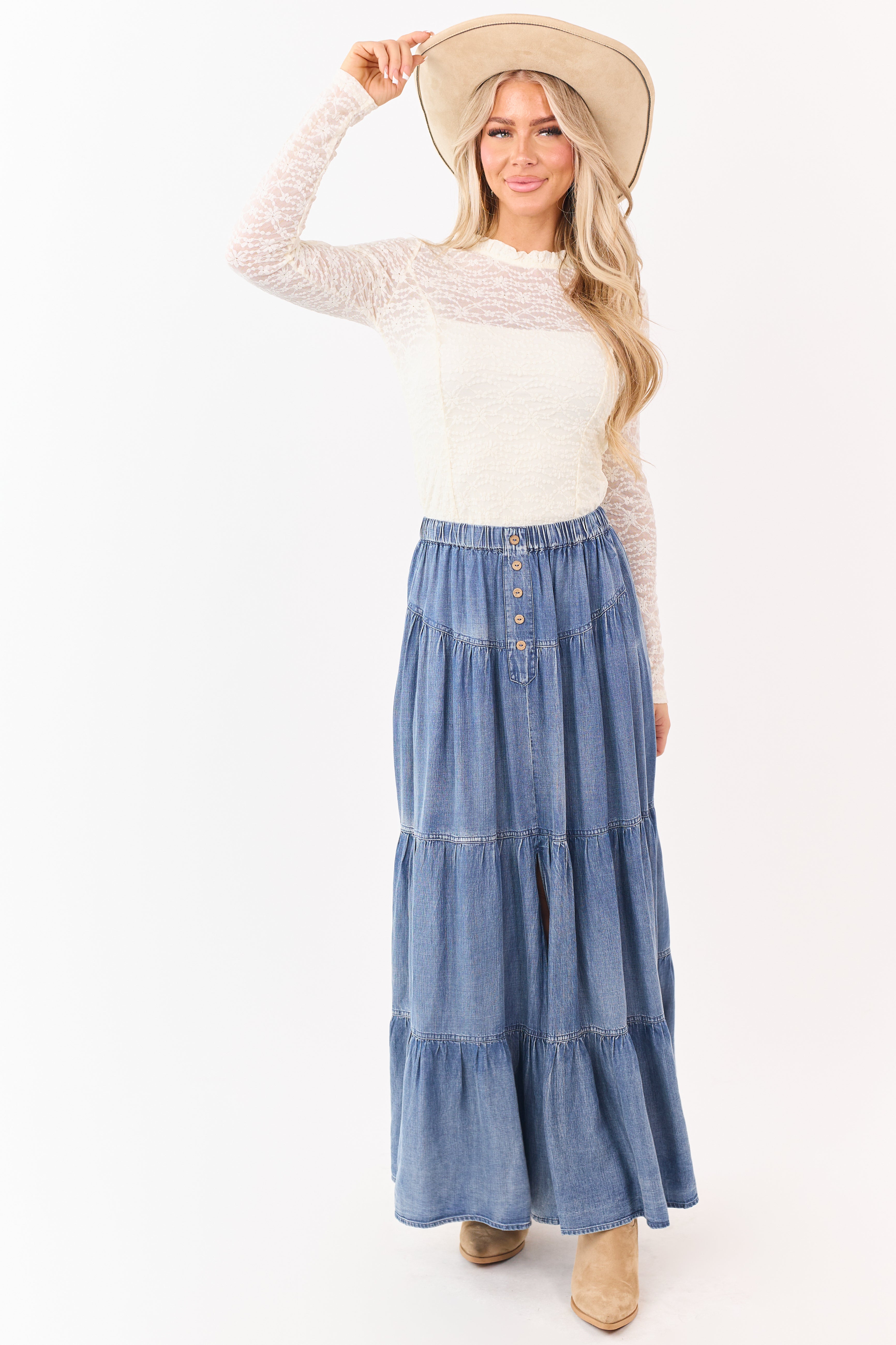 Medium Wash Chambray Denim Tiered Maxi Skirt