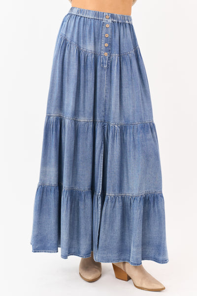 Medium Wash Chambray Denim Tiered Maxi Skirt