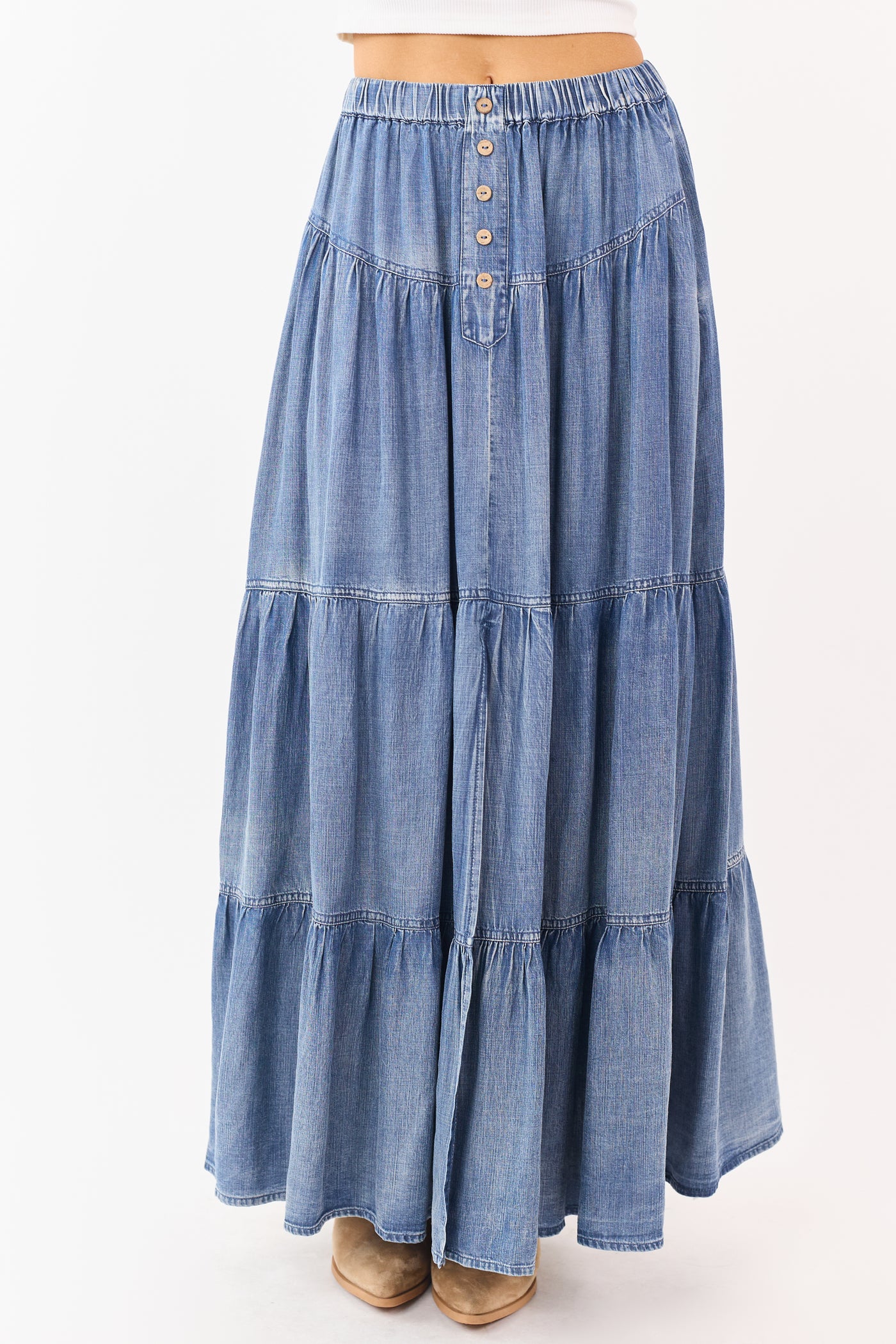 Medium Wash Chambray Denim Tiered Maxi Skirt