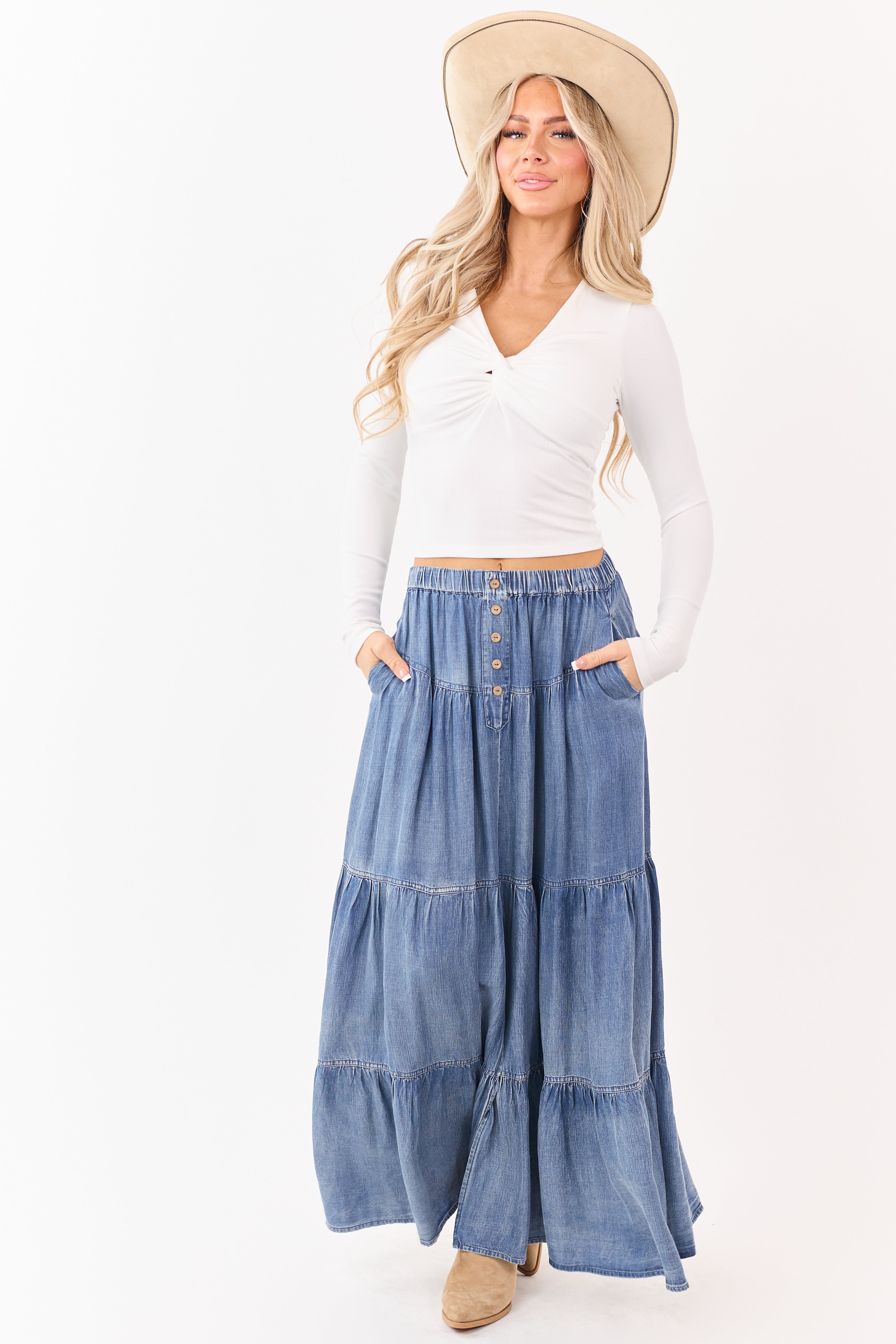 Medium Wash Chambray Denim Tiered Maxi Skirt