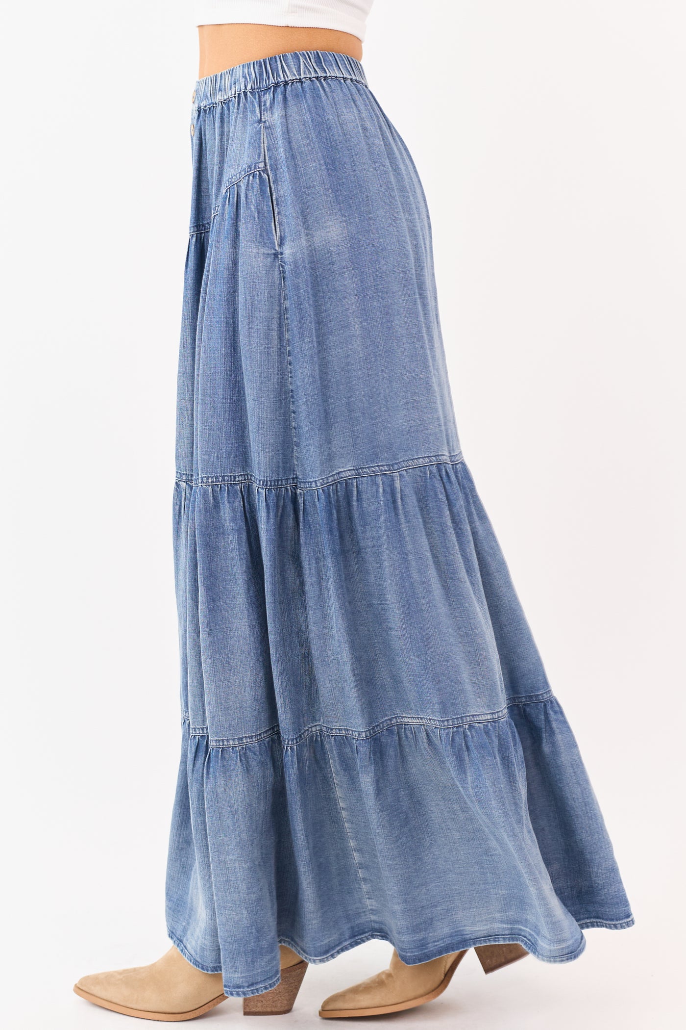 Medium Wash Chambray Denim Tiered Maxi Skirt