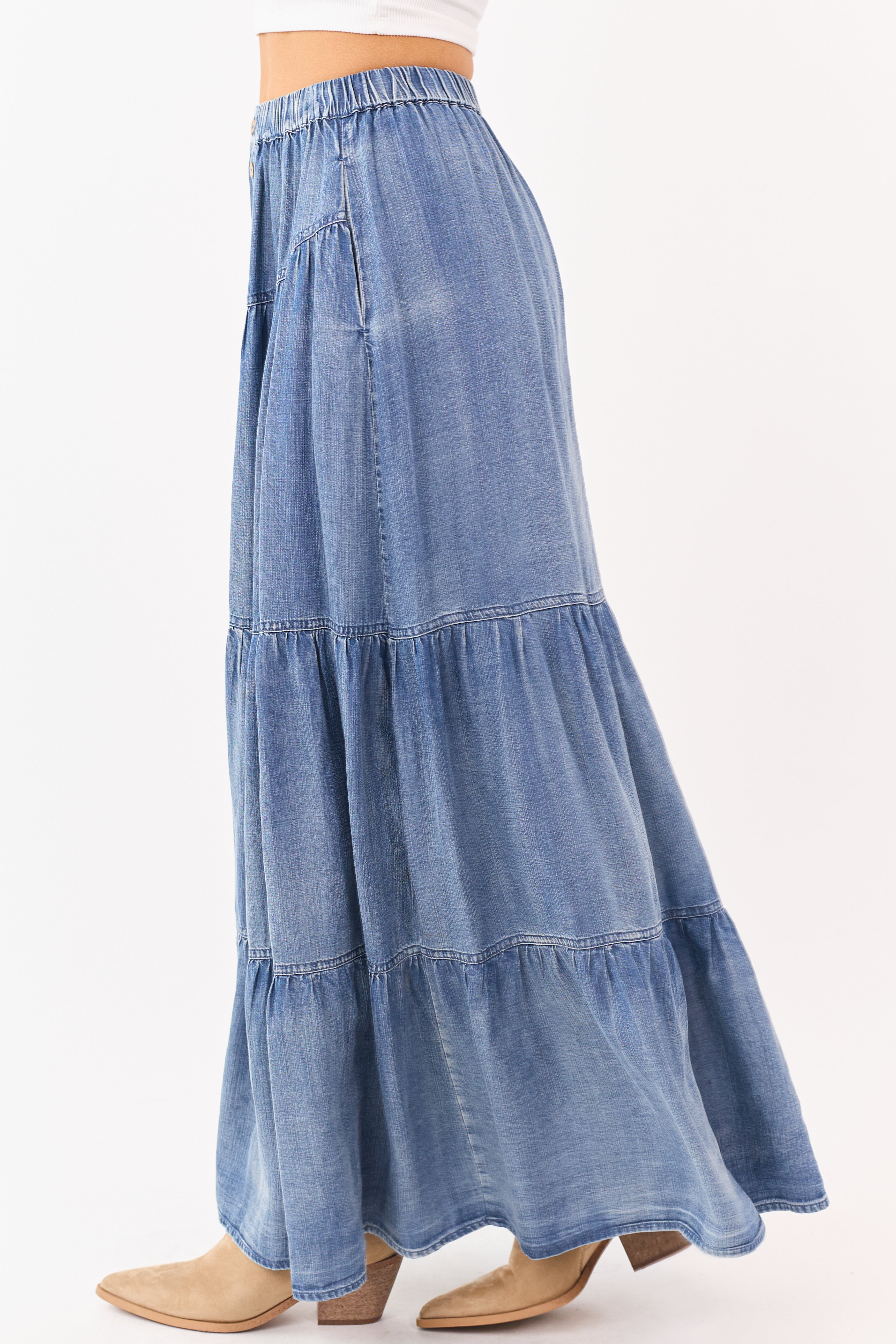 Medium Wash Chambray Denim Tiered Maxi Skirt