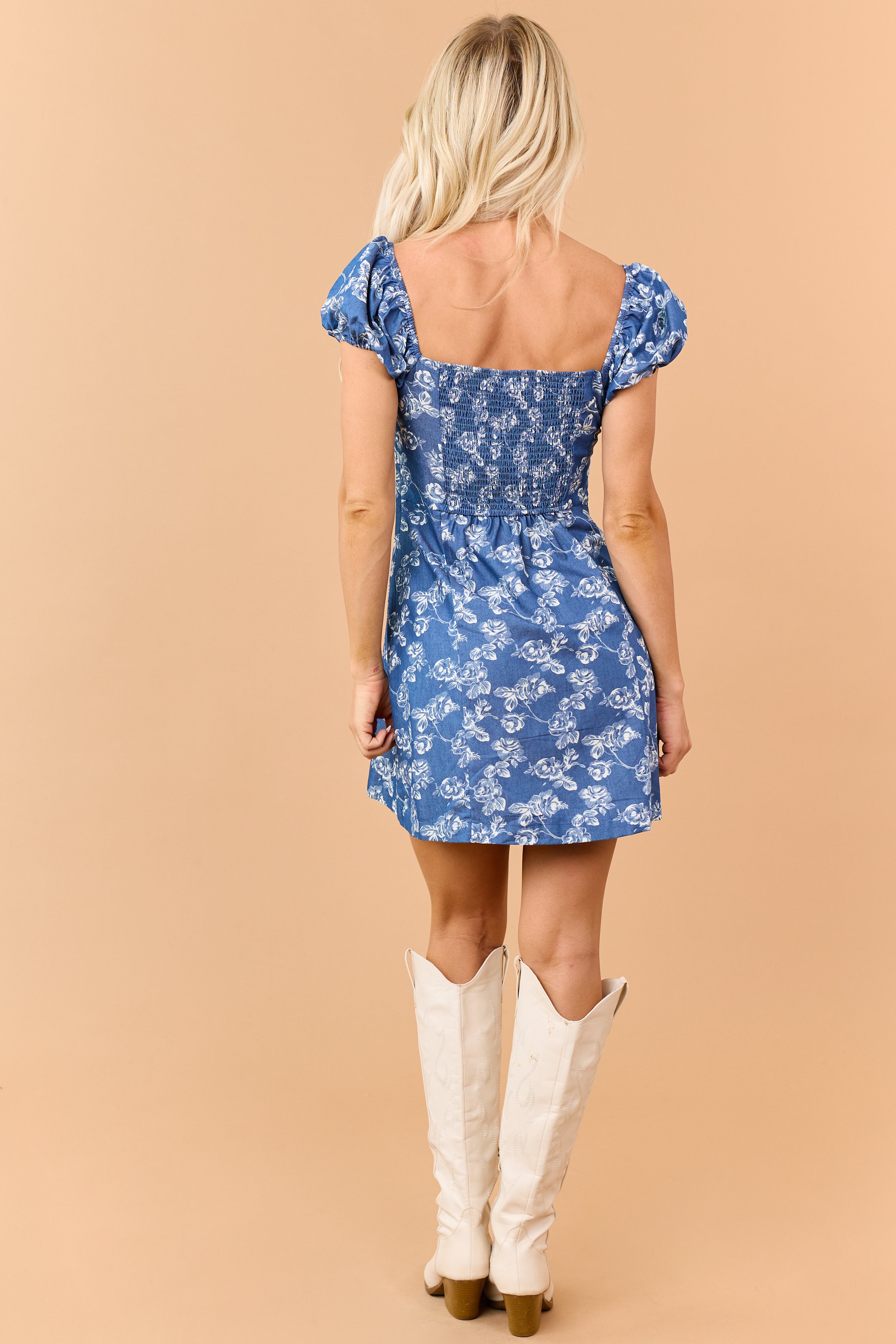 Medium Wash Chambray Floral Pattern Mini Dress