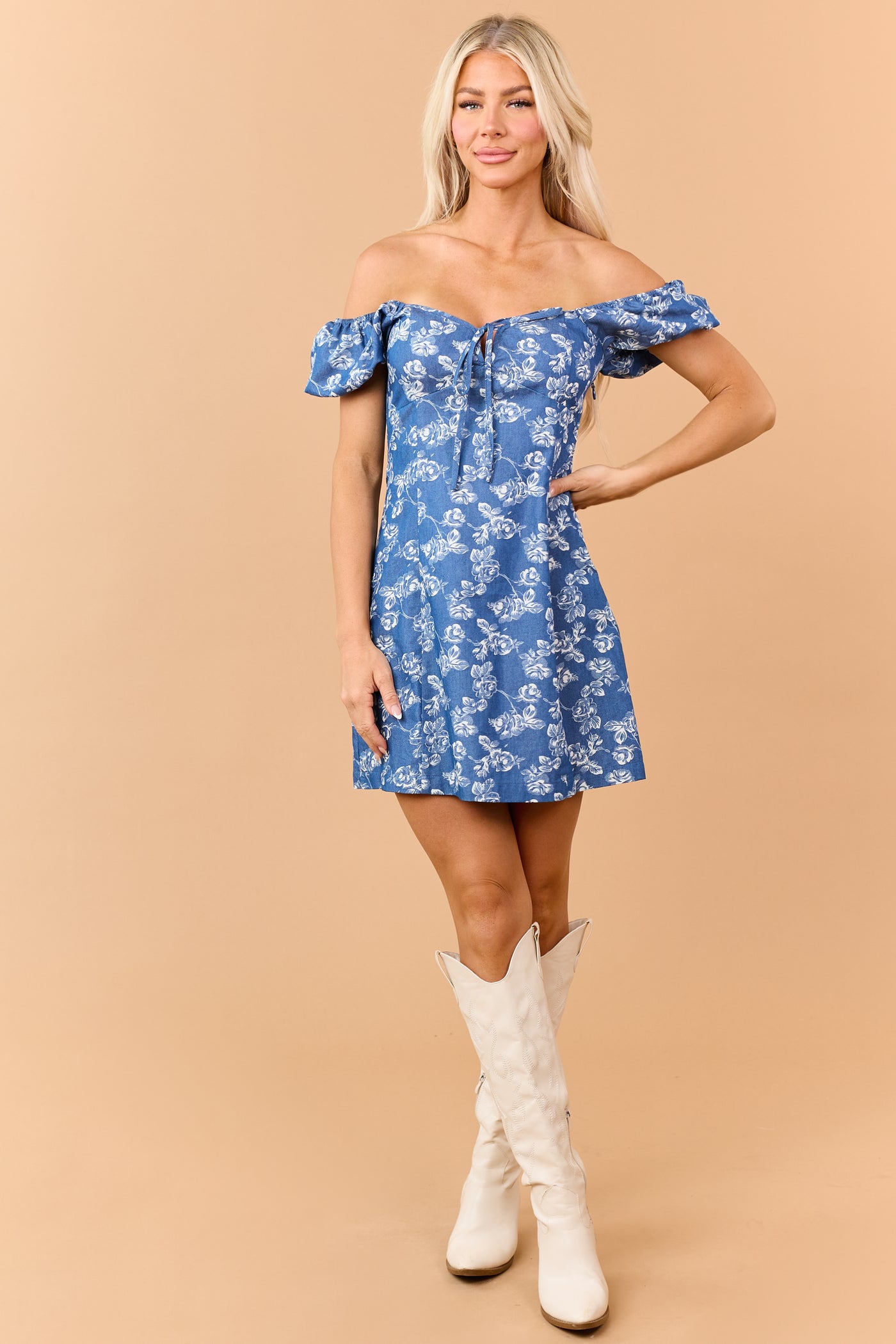 Medium Wash Chambray Floral Pattern Mini Dress