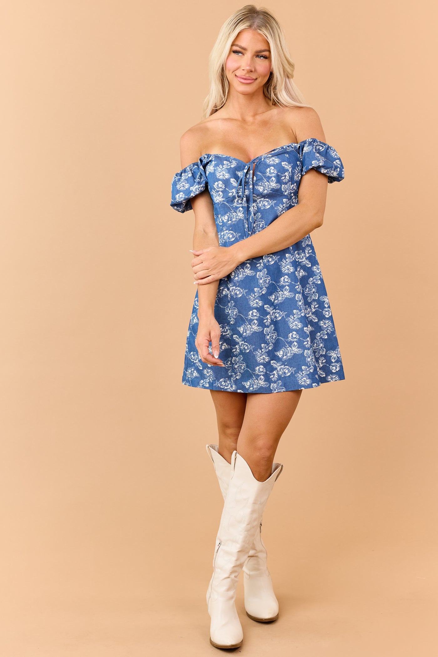 Medium Wash Chambray Floral Pattern Mini Dress