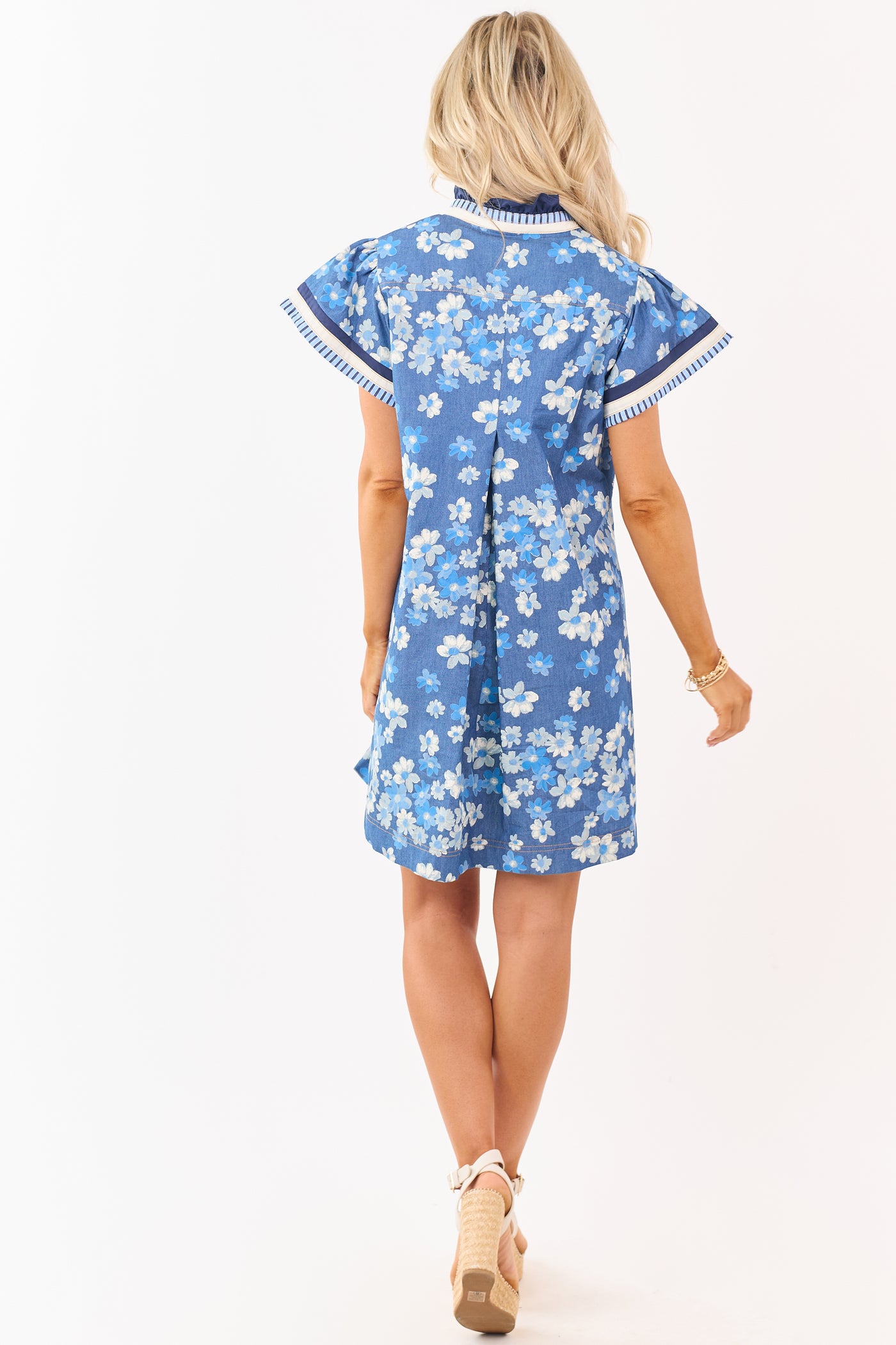 Medium Wash Chambray Floral Print Mini Dress