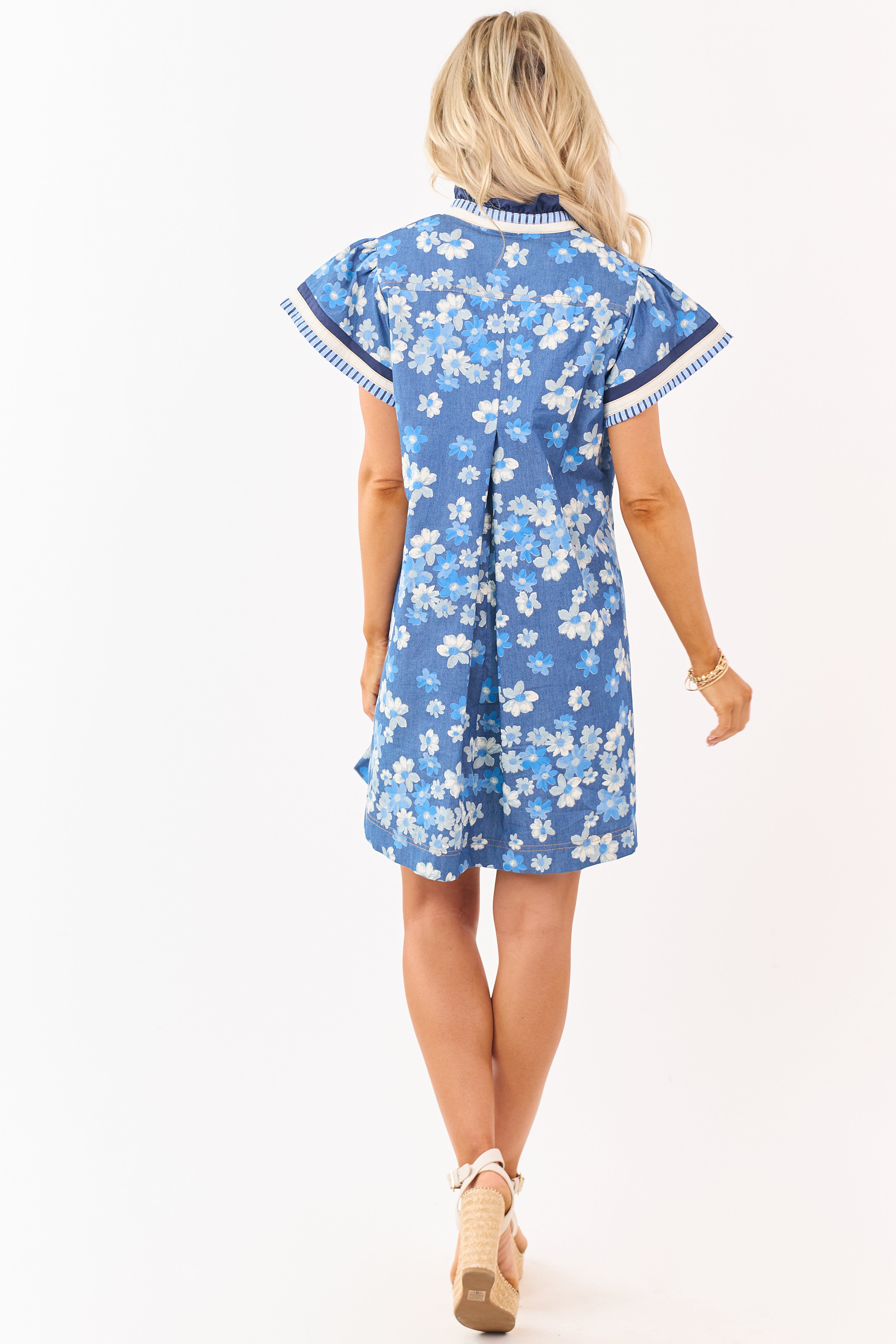 Medium Wash Chambray Floral Print Mini Dress