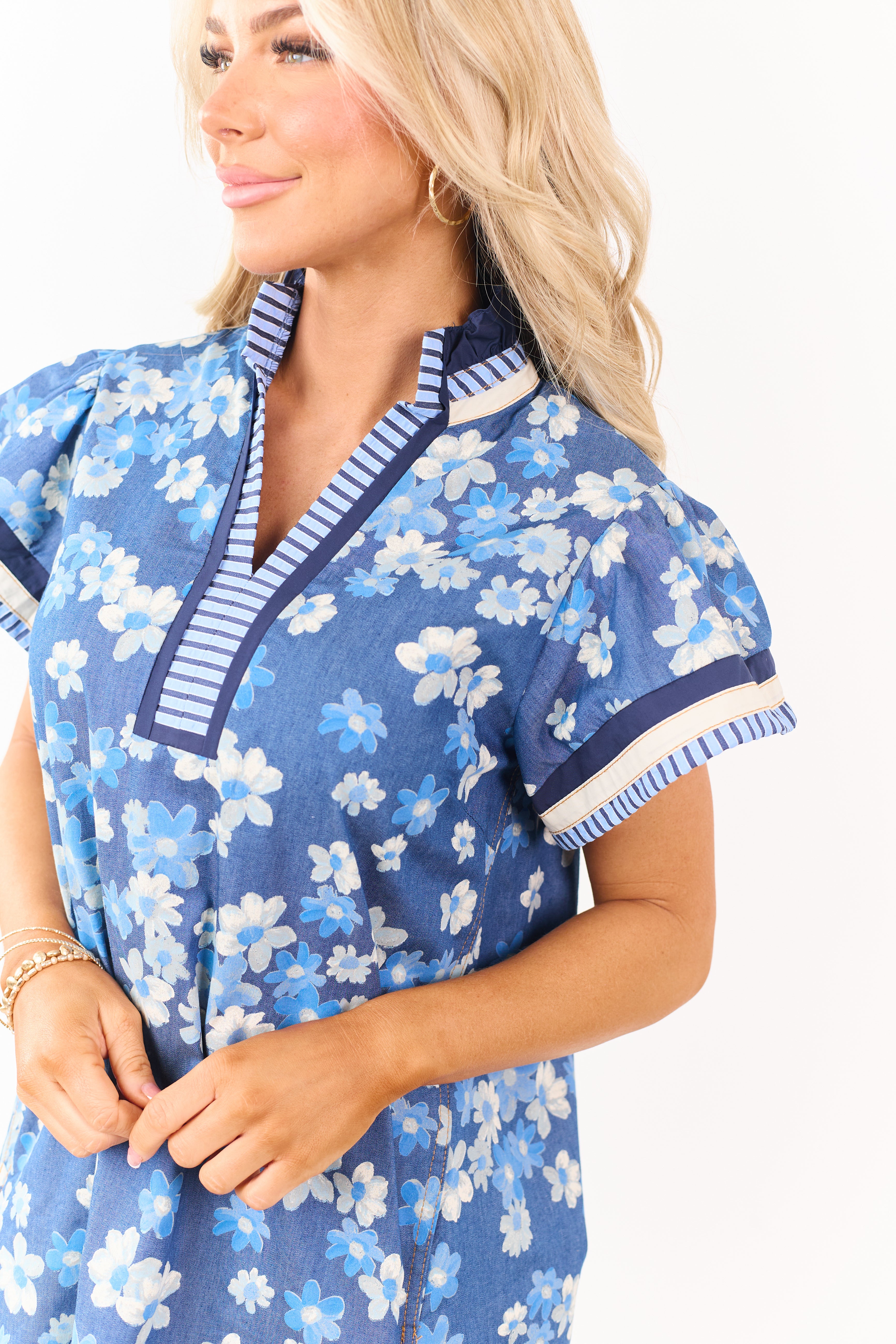 Medium Wash Chambray Floral Print Mini Dress