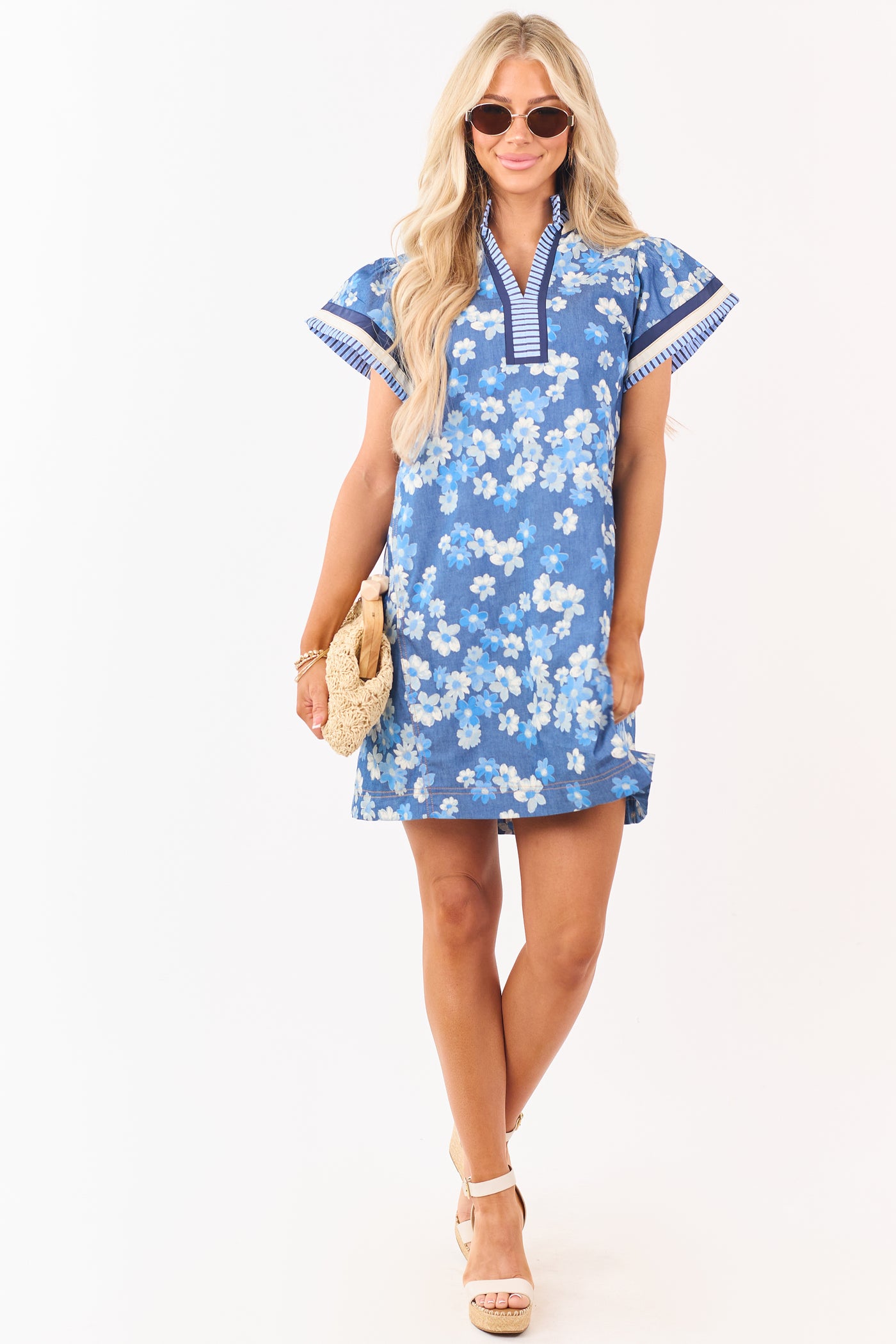 Medium Wash Chambray Floral Print Mini Dress