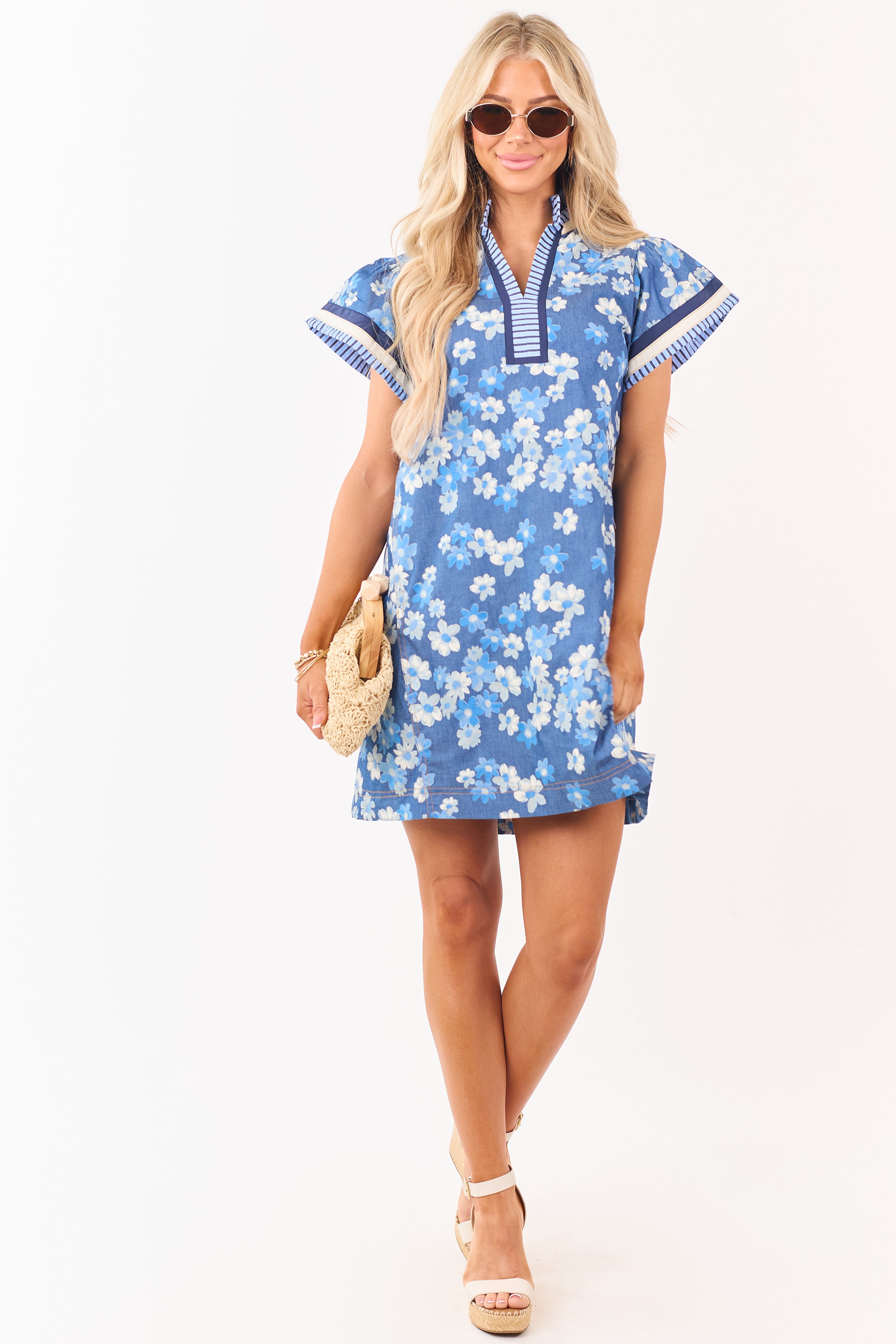 Medium Wash Chambray Floral Print Mini Dress