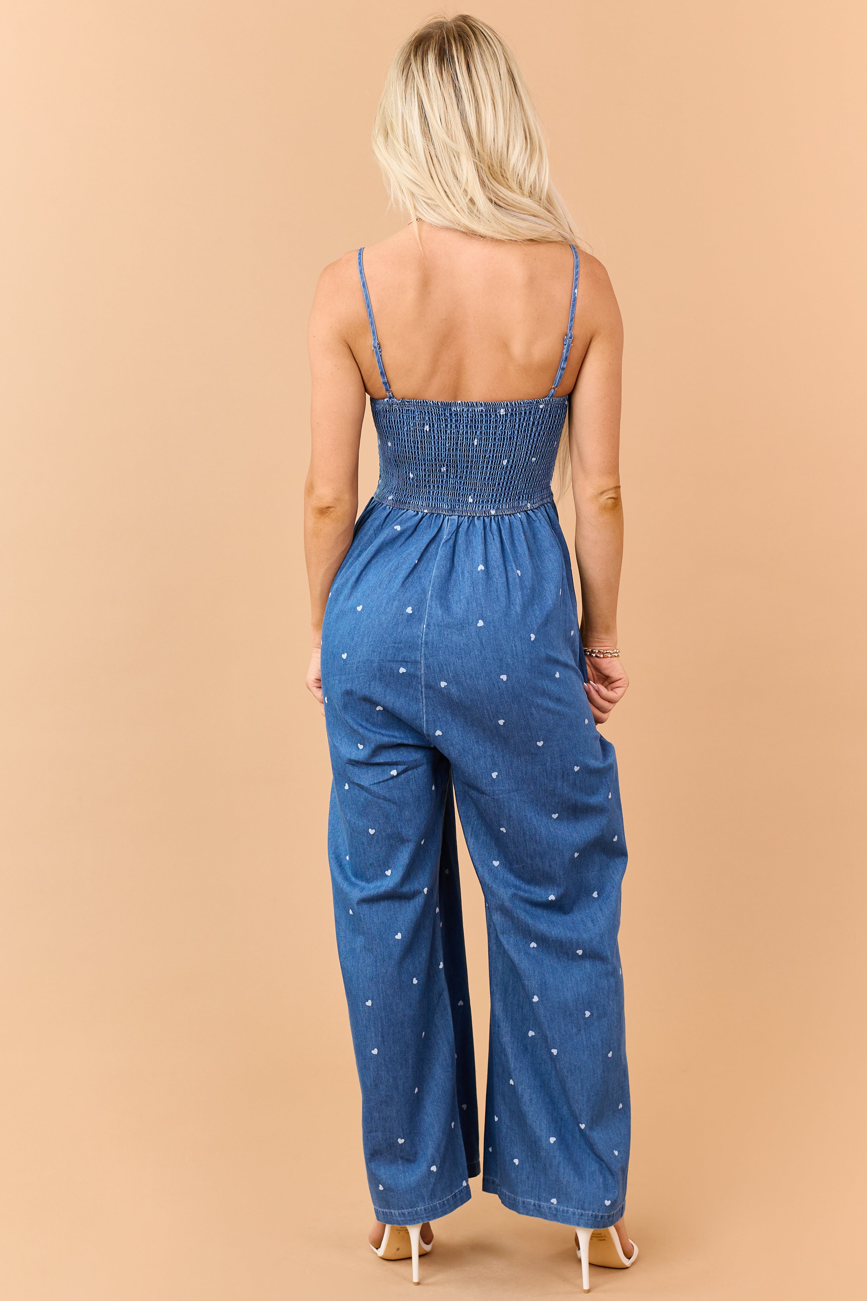 Medium Wash Chambray Heart Print Jumpsuit