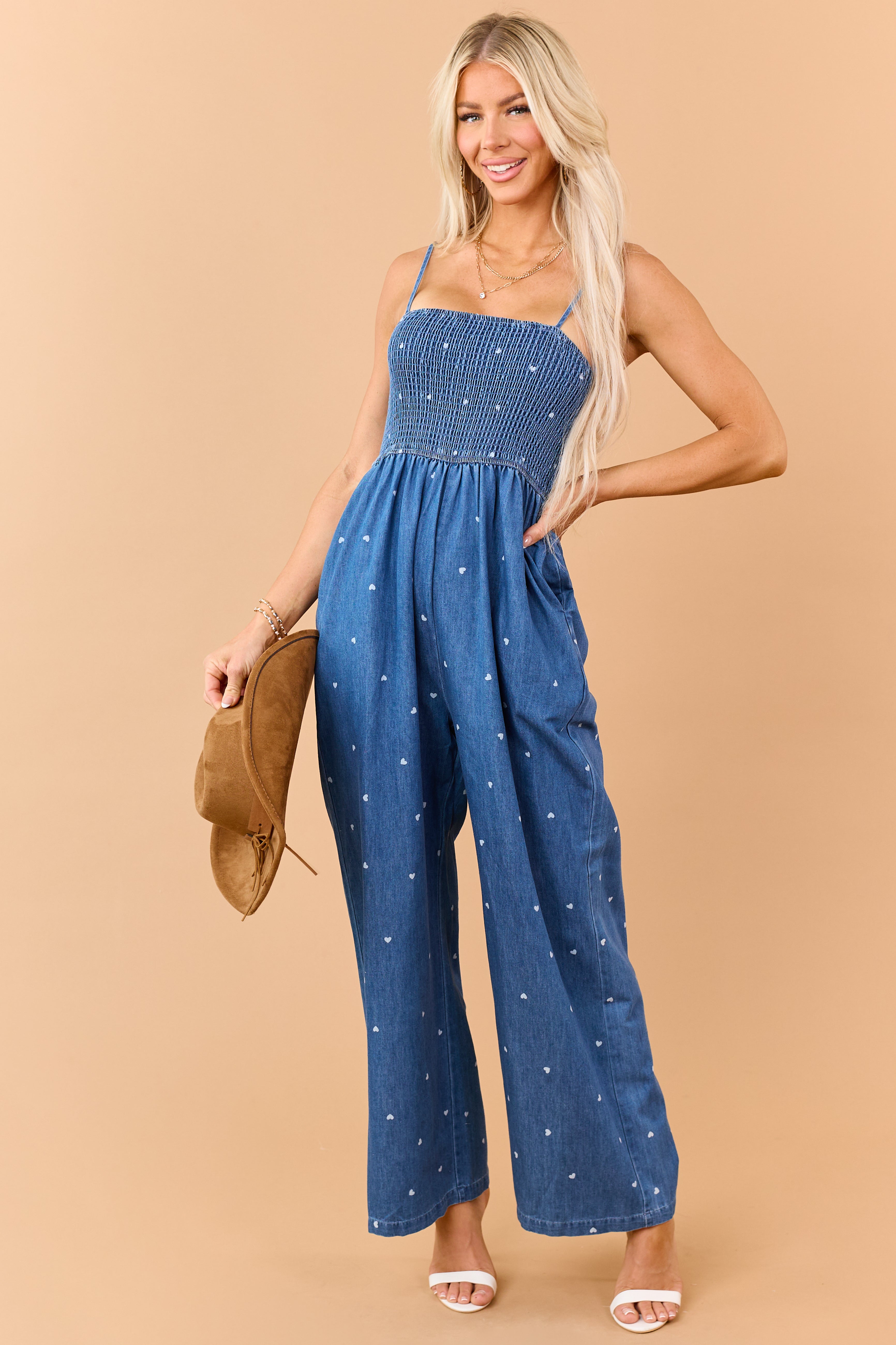 Medium Wash Chambray Heart Print Jumpsuit