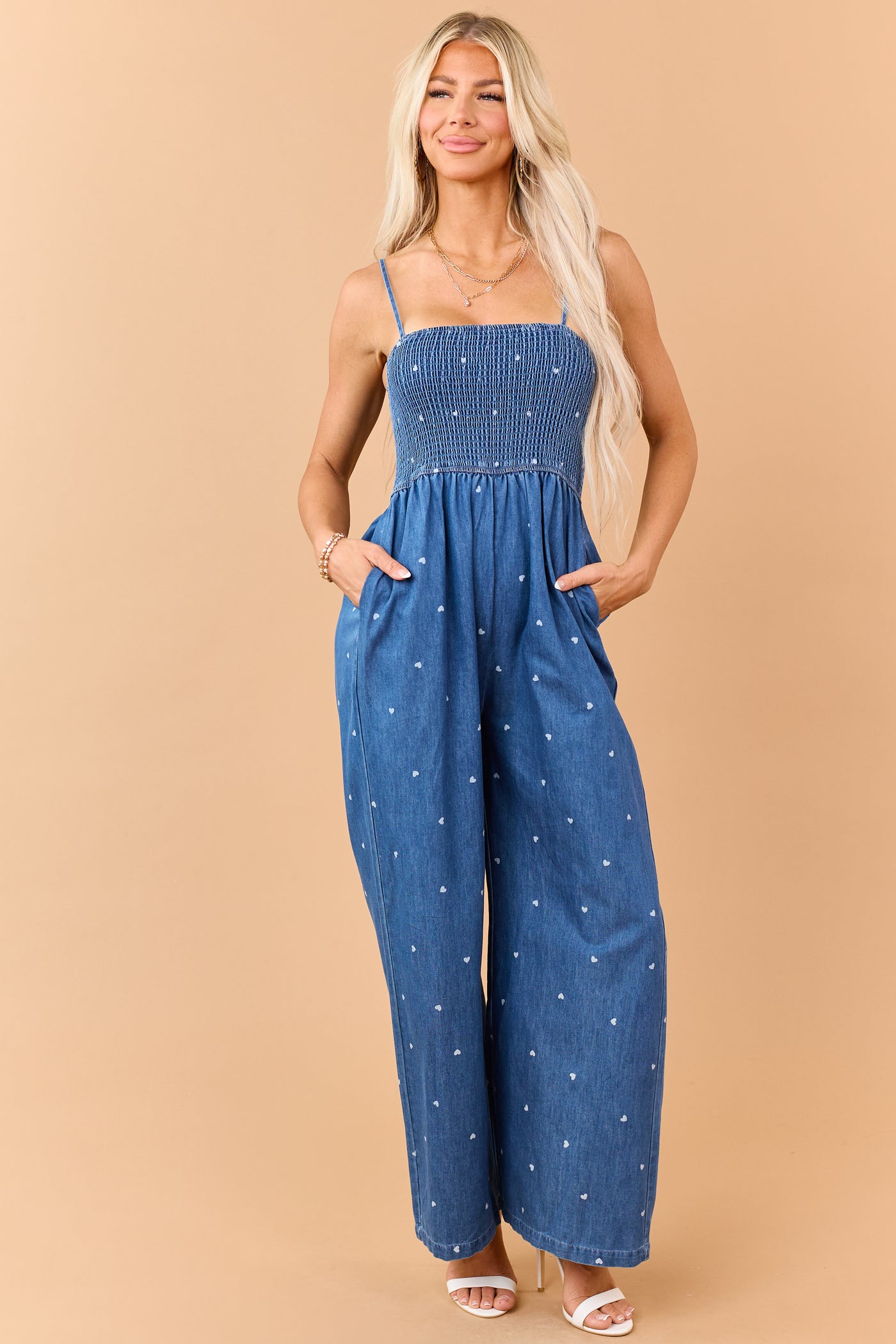 Medium Wash Chambray Heart Print Jumpsuit