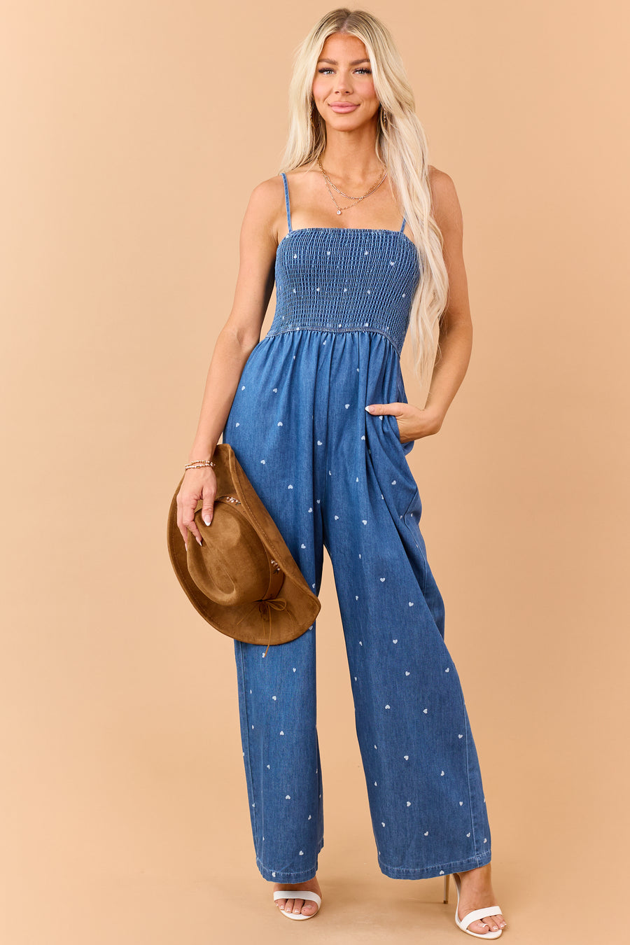 Medium Wash Chambray Heart Print Jumpsuit