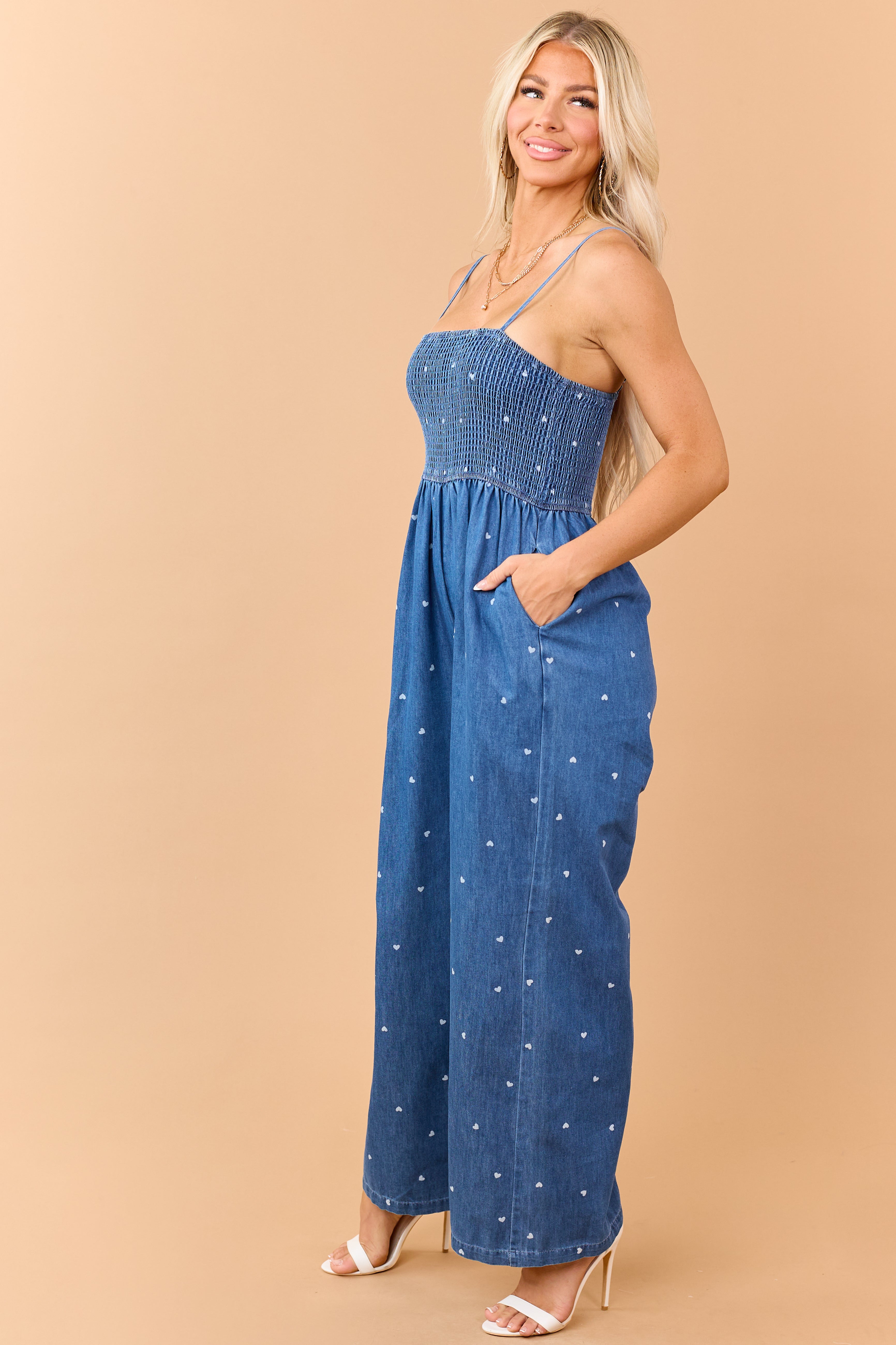 Medium Wash Chambray Heart Print Jumpsuit