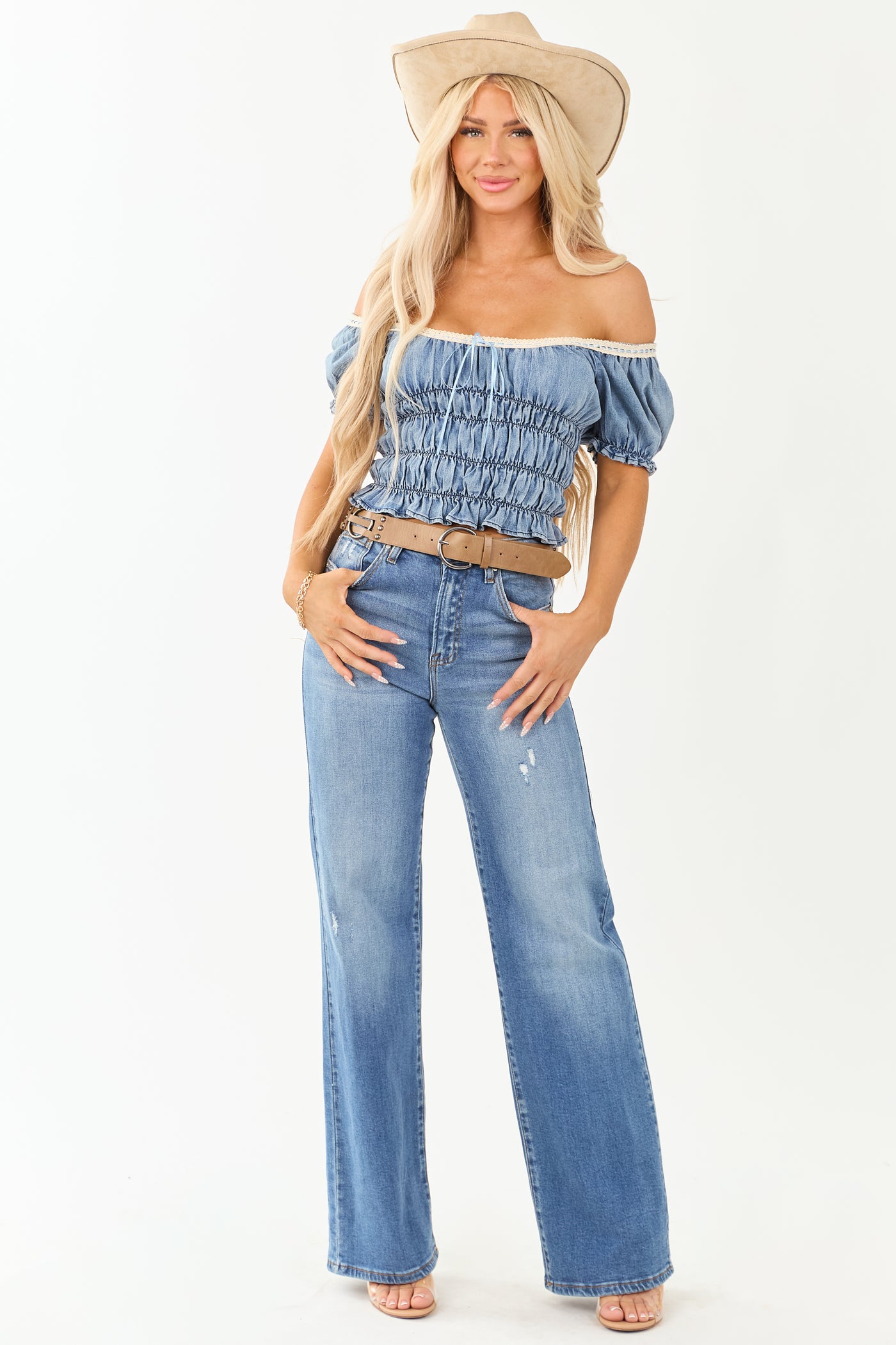 Medium Wash Chambray Puff Sleeve Smocked Blouse