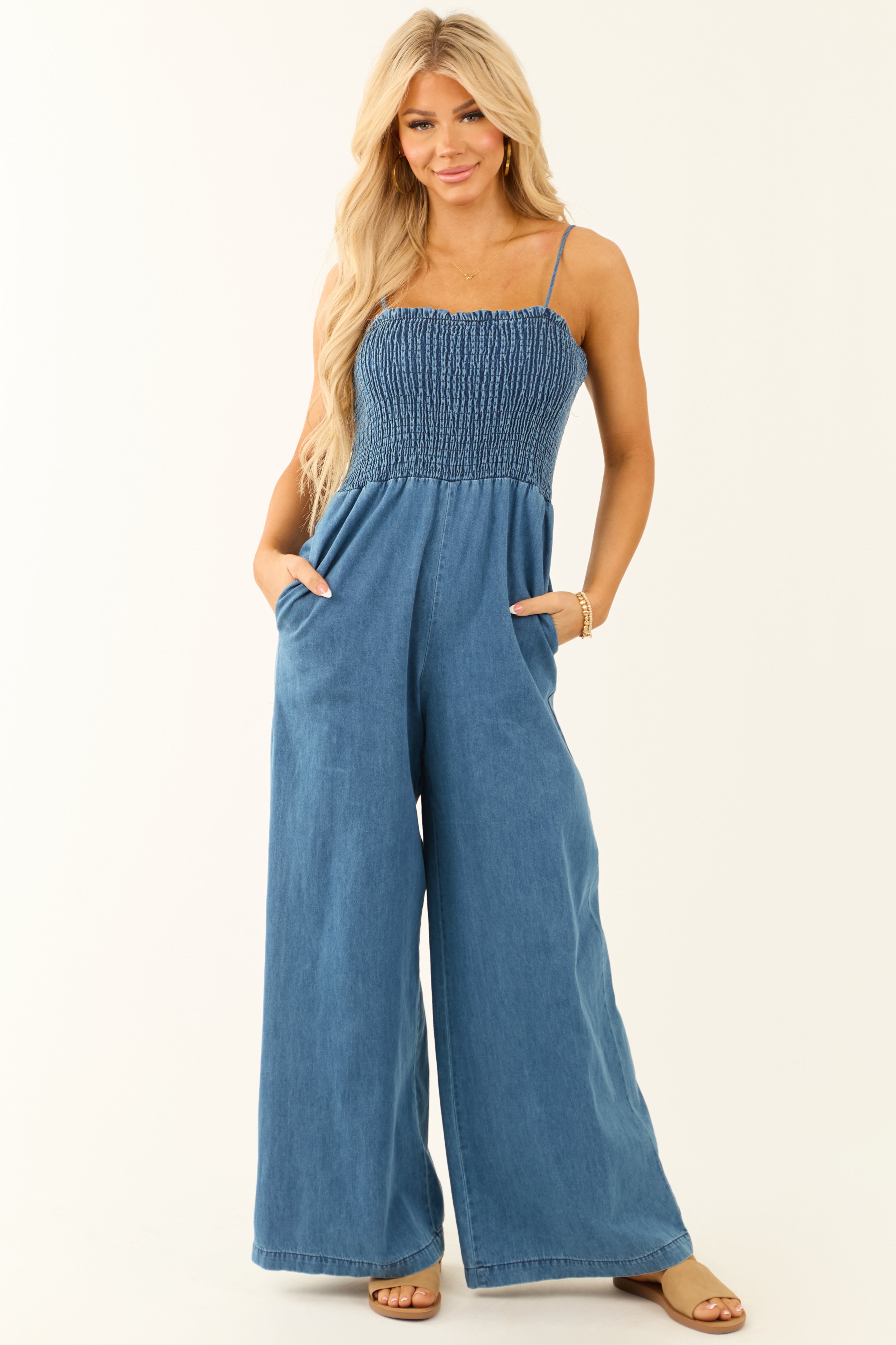 Medium Wash Chambray Sleeveless Wide Leg Jumpsuit | Lime Lush Boutique