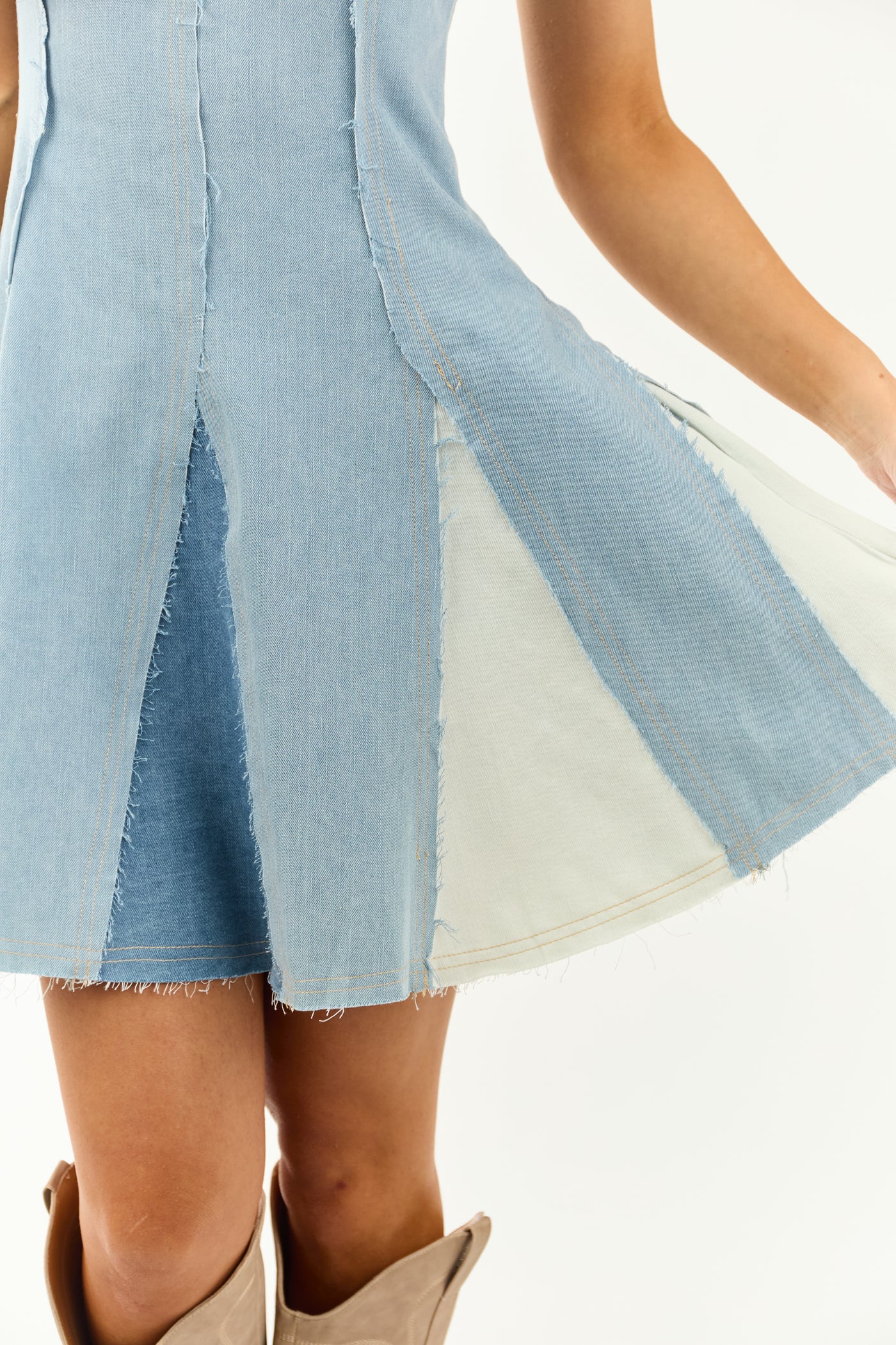 patchwork denim dress Medium Wash Colorblock Strapless Denim Mini Dress