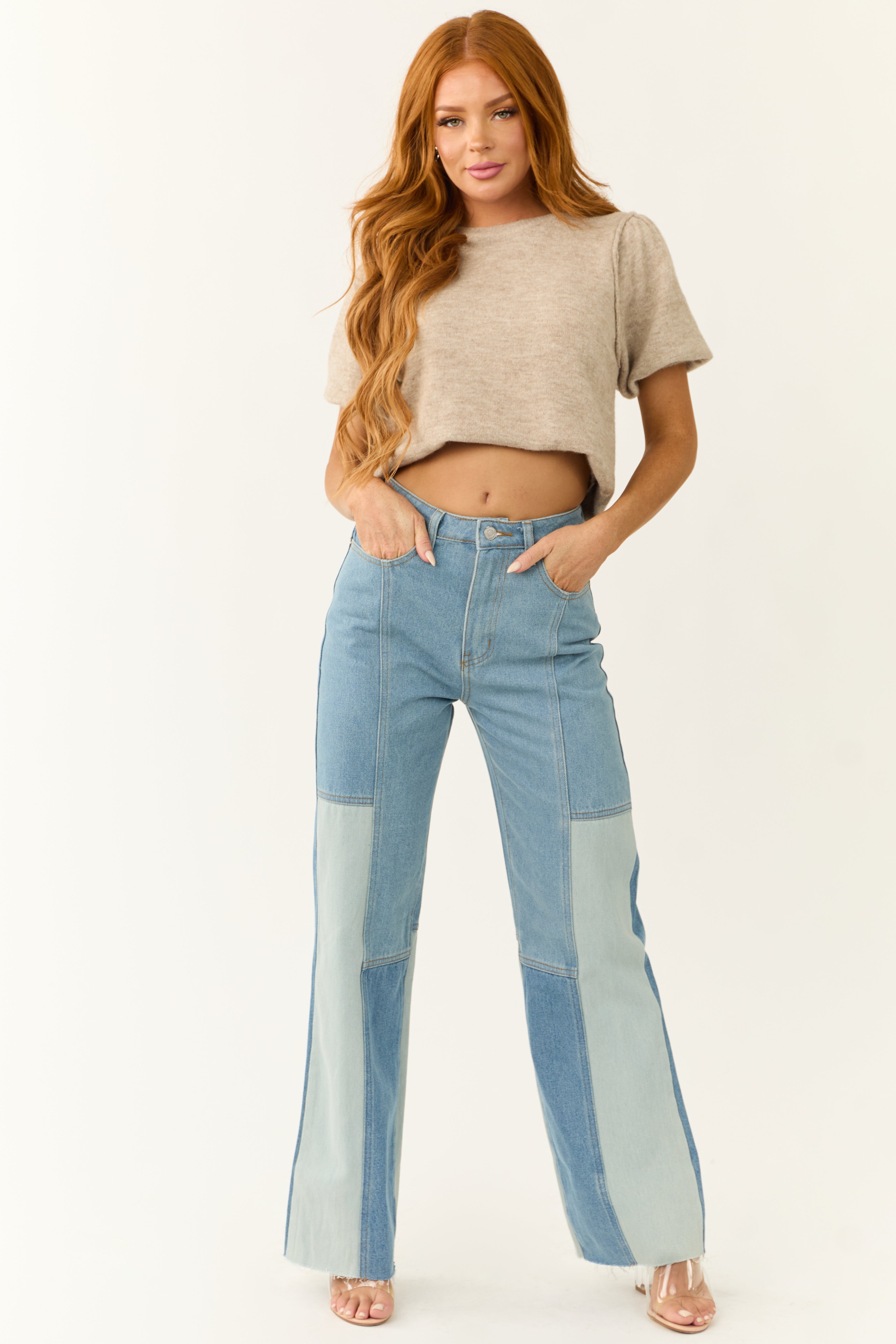 ★KIRSH★ Color Block Washing Wide Fit Denim Pants Blue Fanxing Women's Fashion Jeans High Waisted Wide Leg Jeans