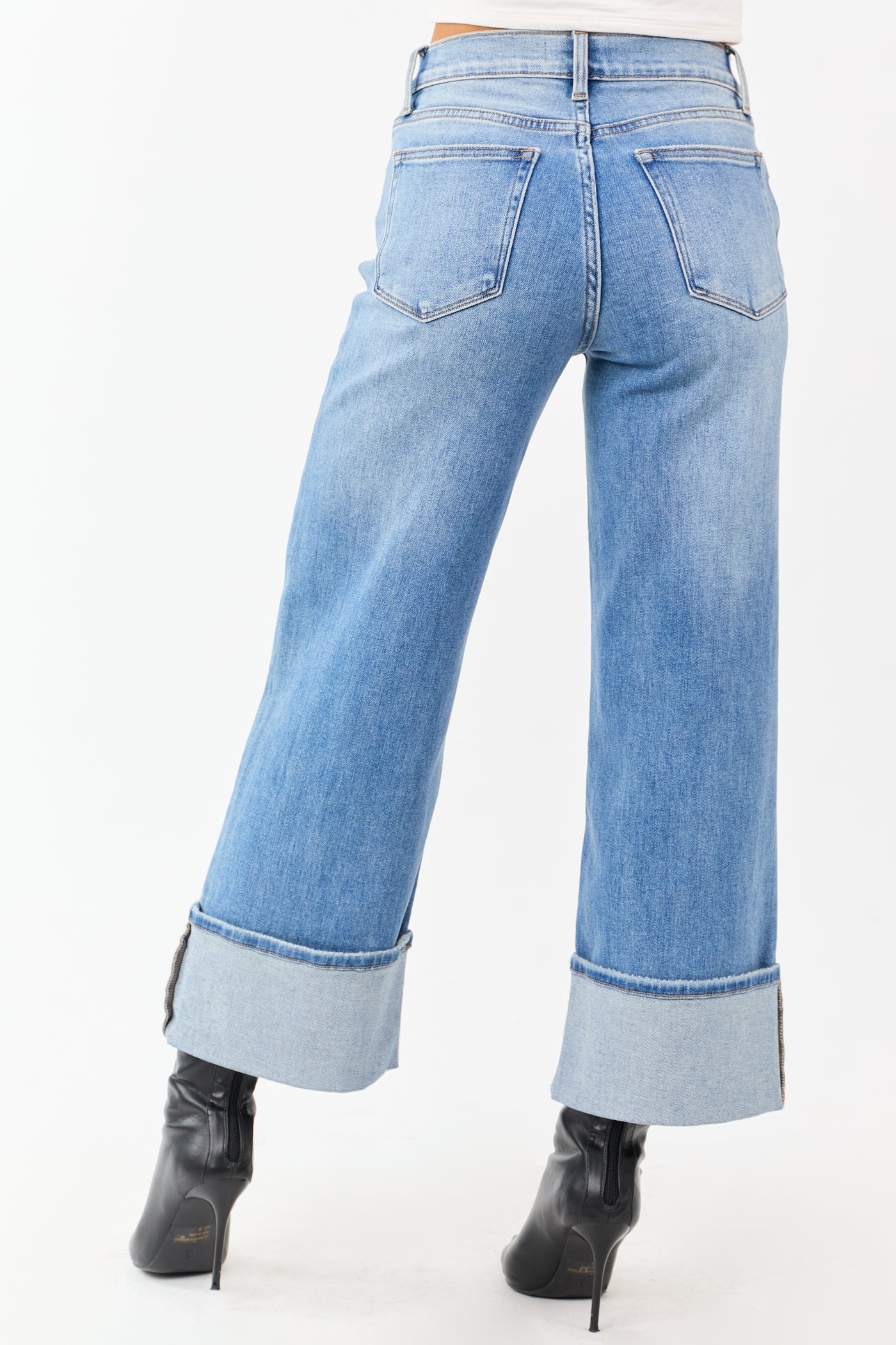 Medium Wash Cuffed Wide Leg Stretchy Crop Jeans