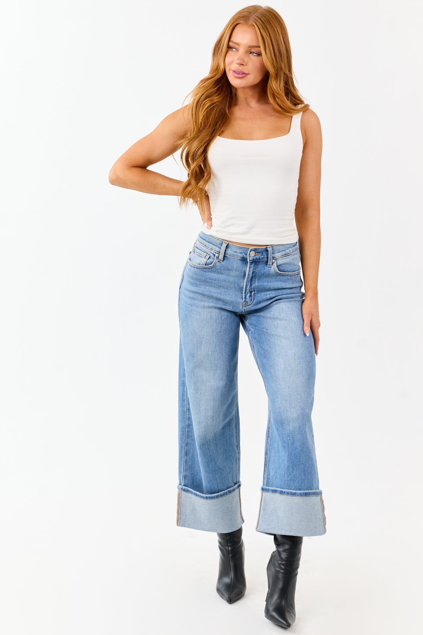Medium Wash Cuffed Wide Leg Stretchy Crop Jeans