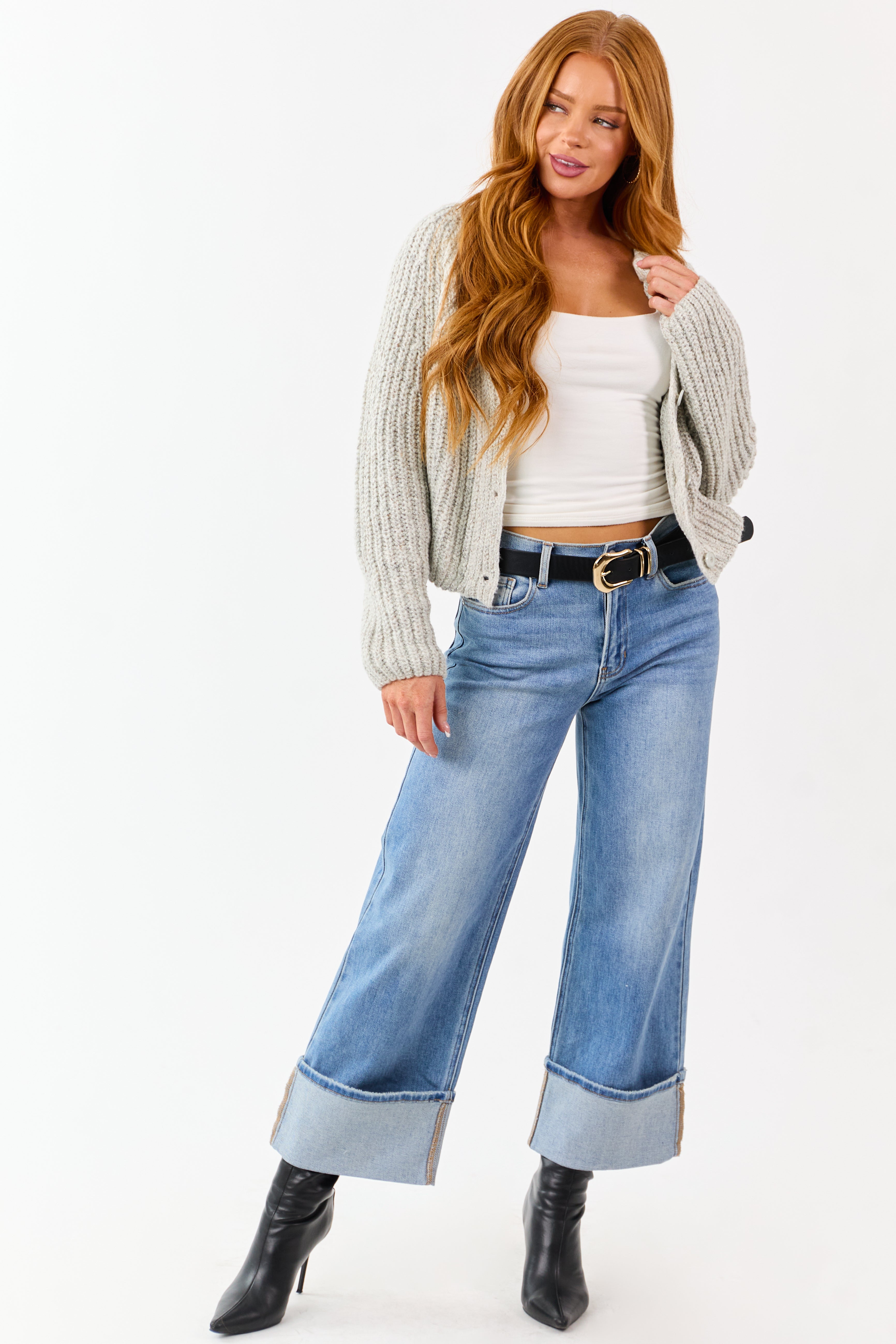 Medium Wash Cuffed Wide Leg Stretchy Crop Jeans