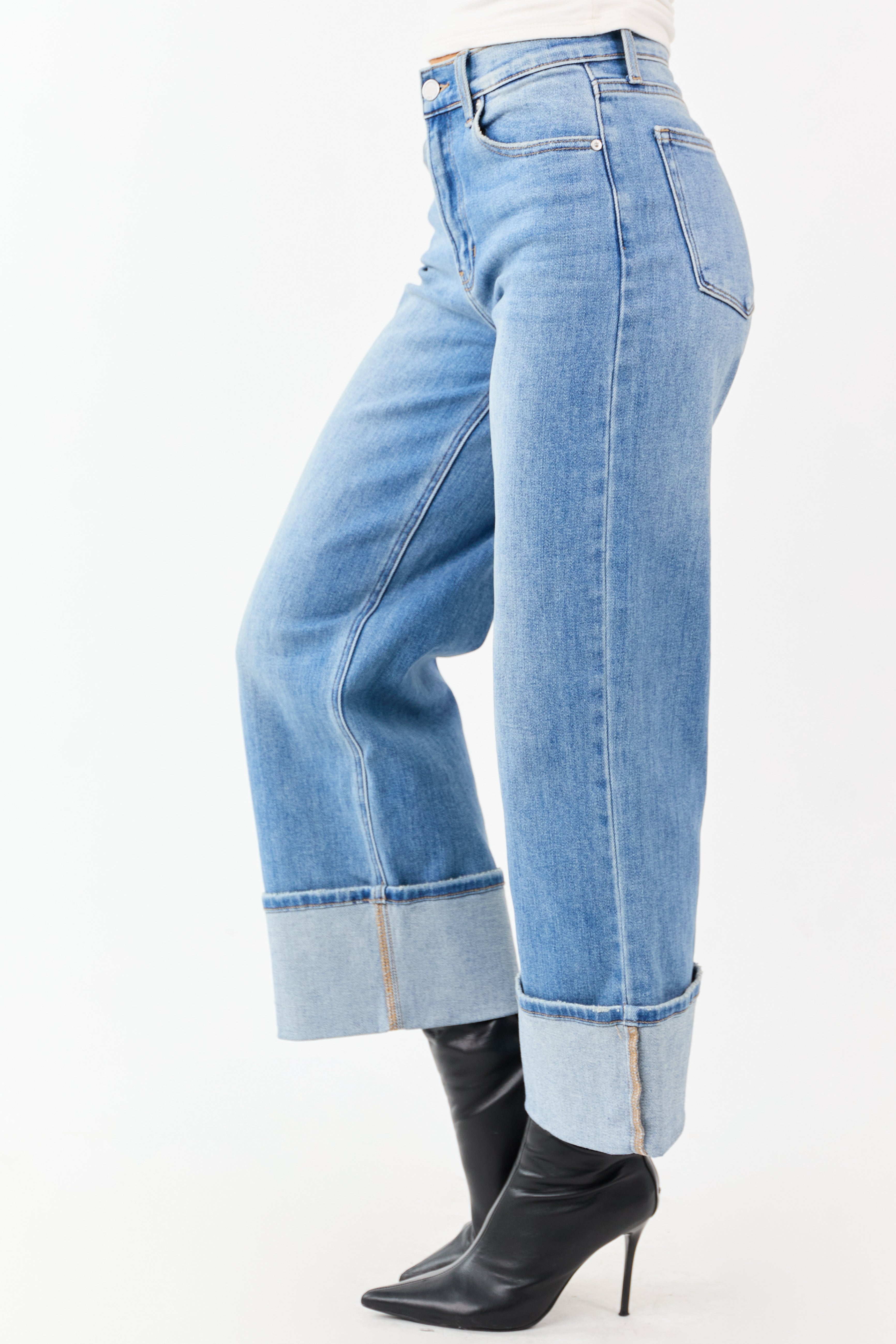 Medium Wash Cuffed Wide Leg Stretchy Crop Jeans
