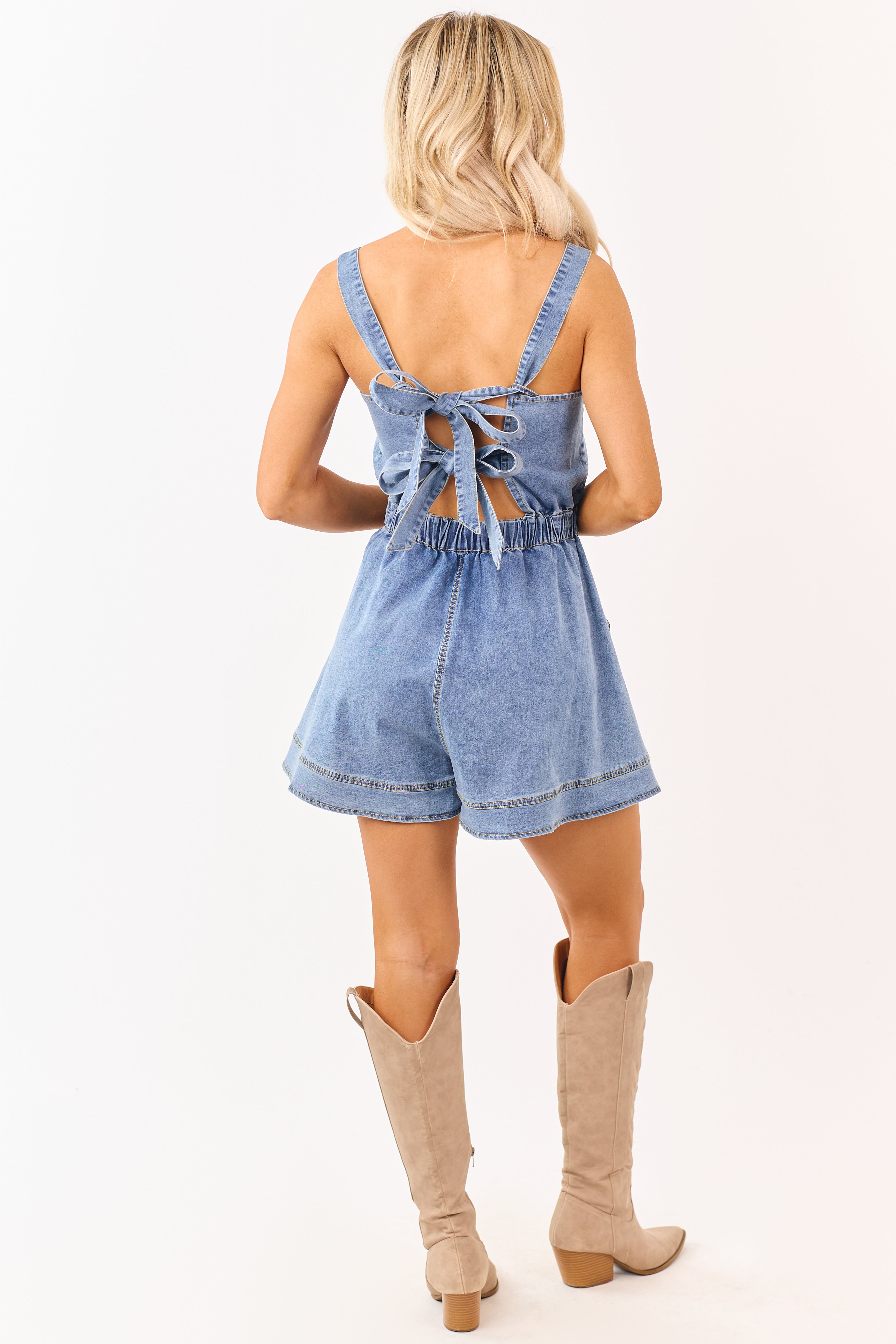 Medium Wash Denim Back Tie Overalls Style Romper