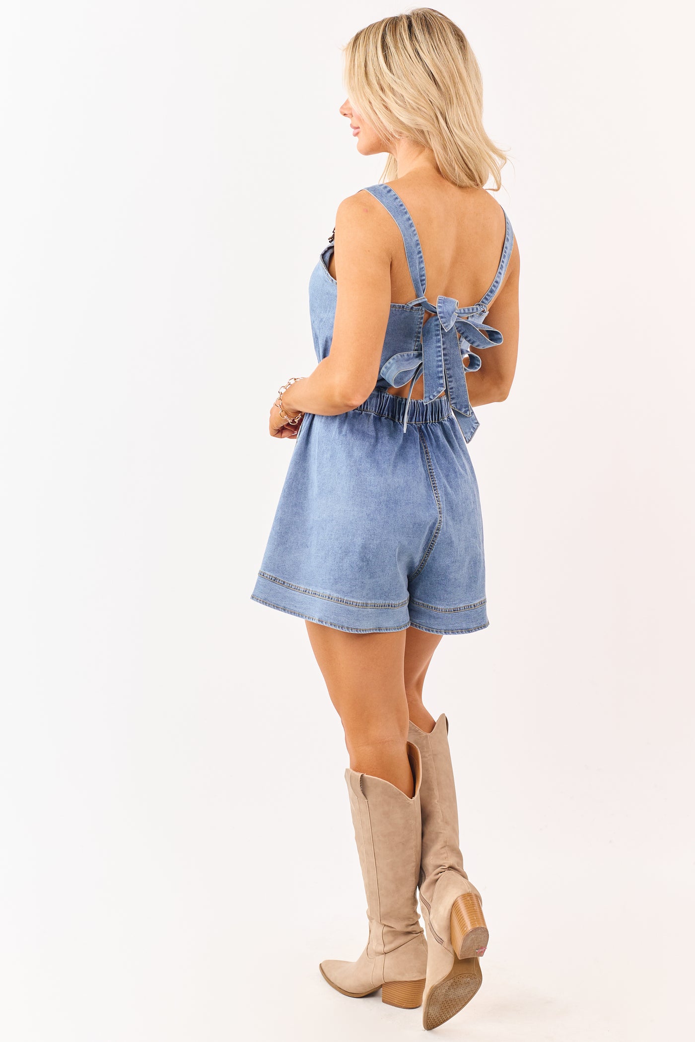 Medium Wash Denim Back Tie Overalls Style Romper