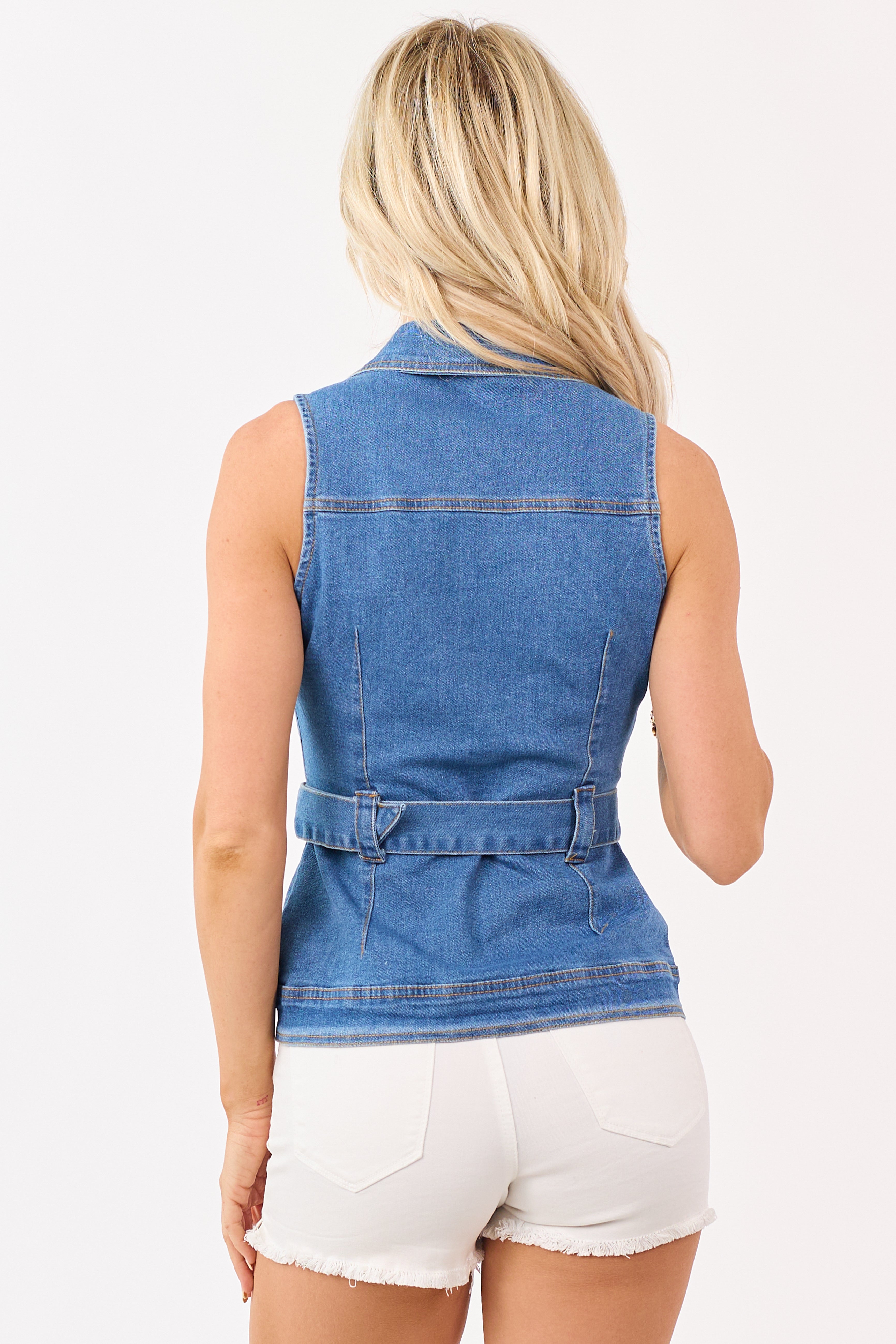 トップス Richmond denim tanktop Medium Wash Denim Button Down Belted Tank Top | Lime Lush Boutique