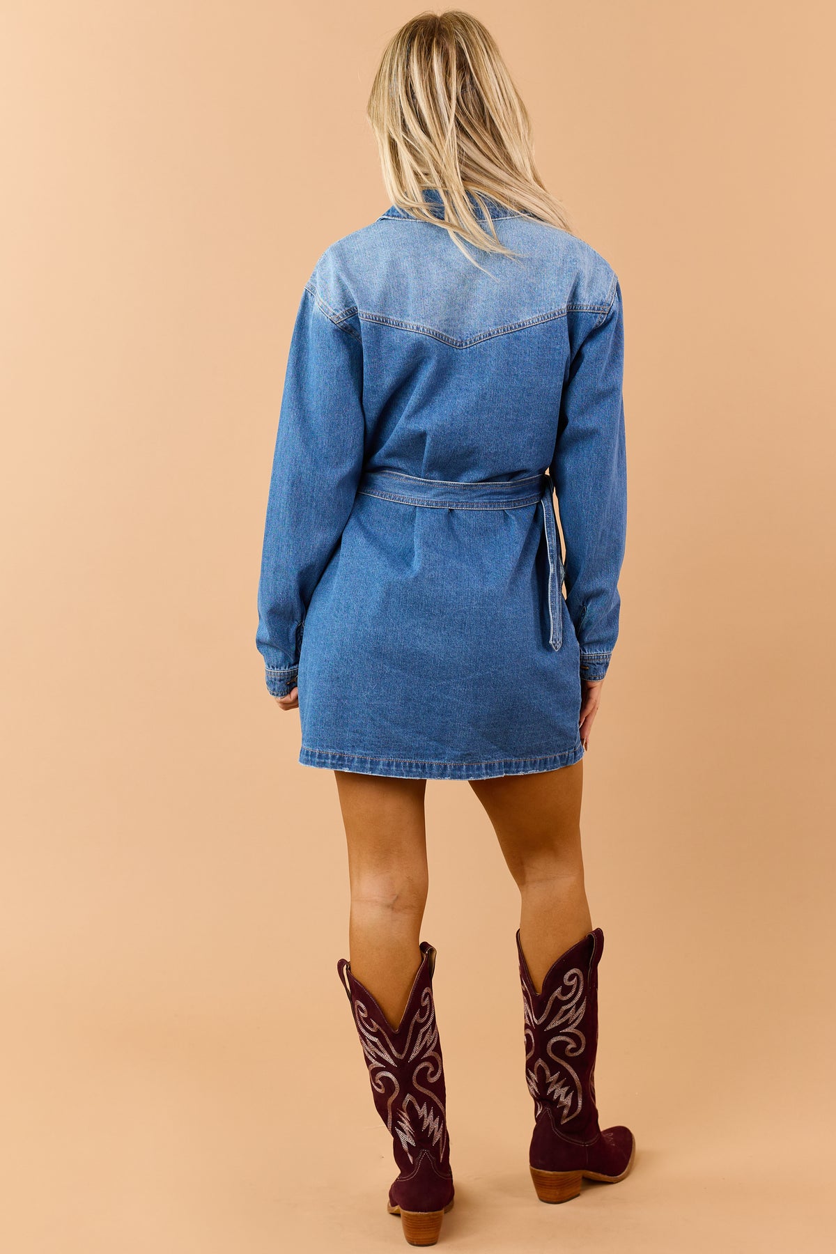 Medium Wash Denim Button Down Mini Dress with Belt