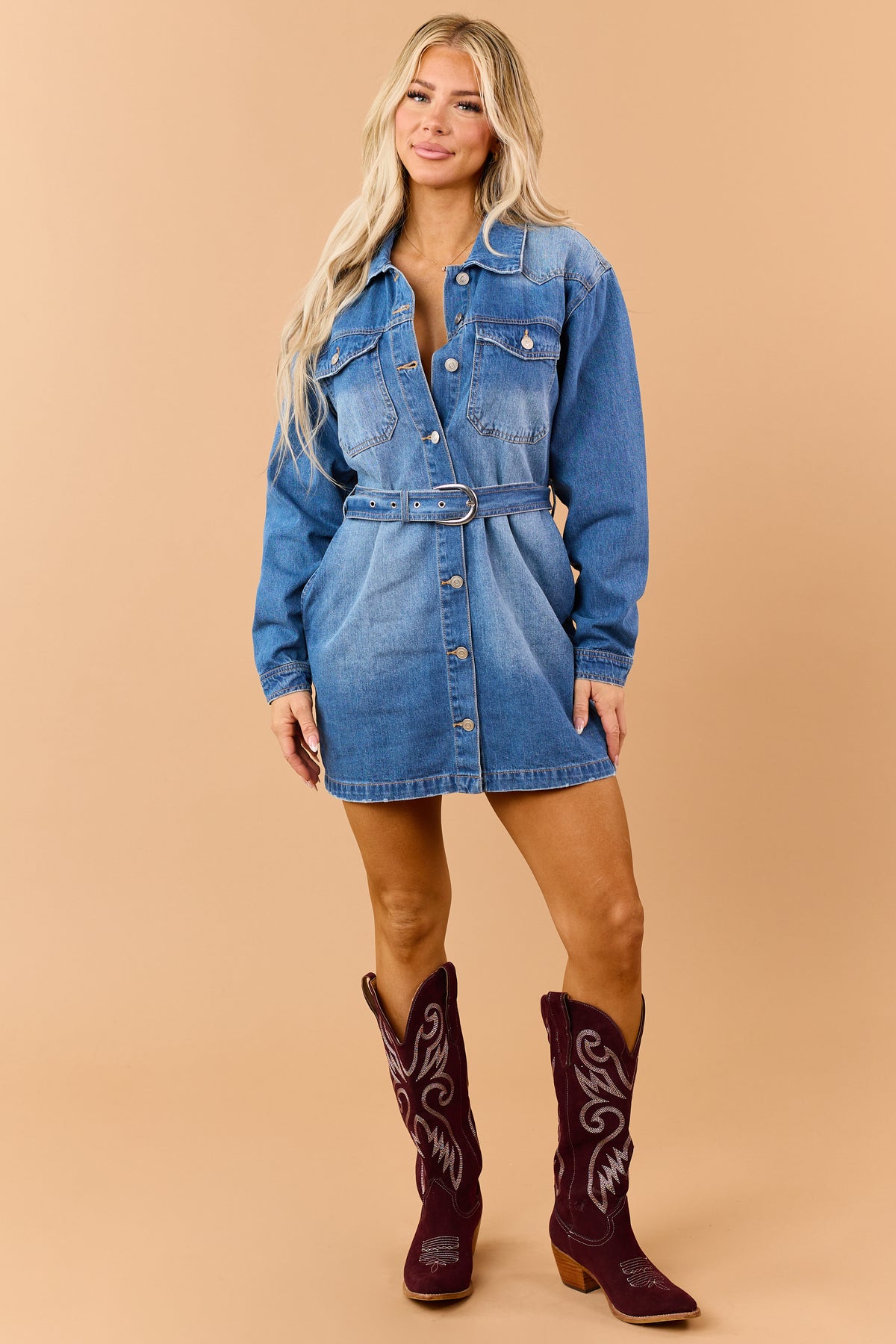 Medium Wash Denim Button Down Mini Dress with Belt