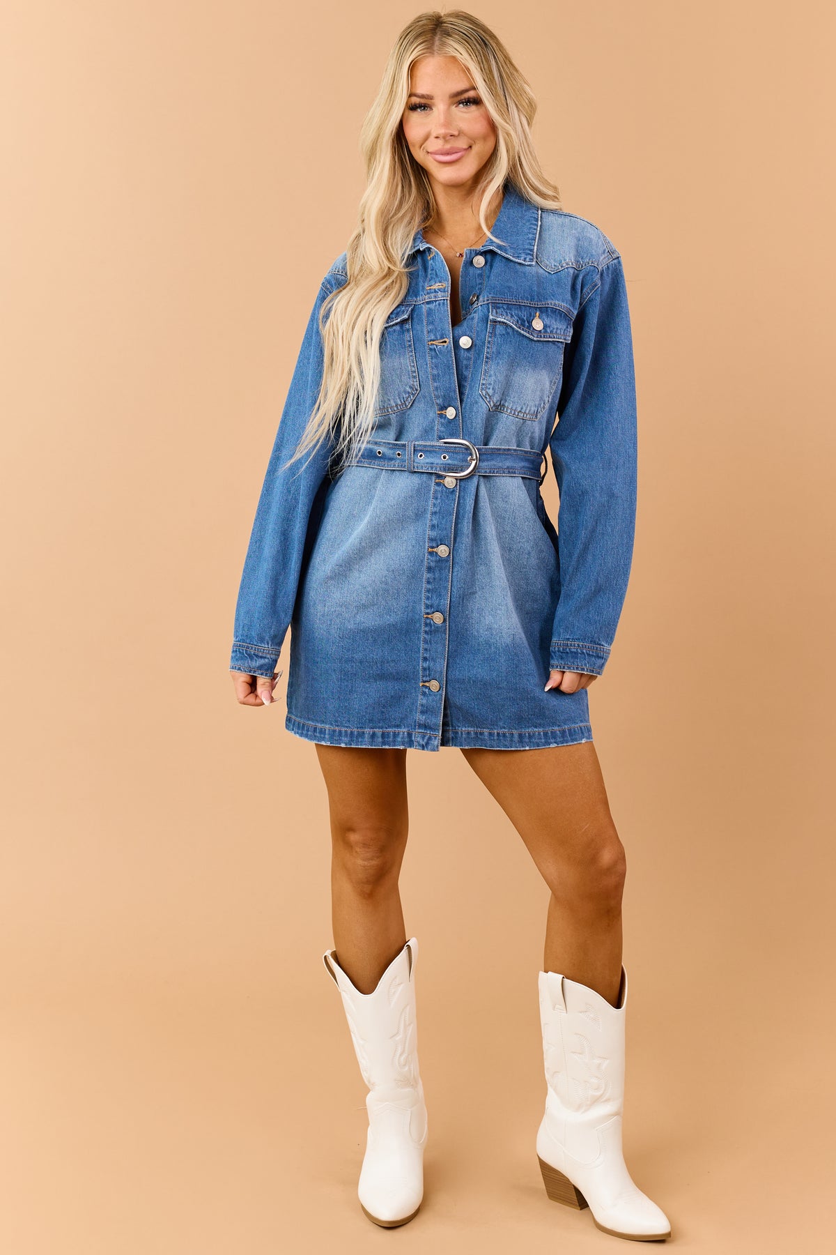 Medium Wash Denim Button Down Mini Dress with Belt