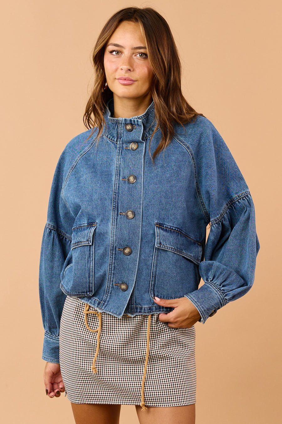 Medium Wash Denim Button Down Puff Sleeve Jacket