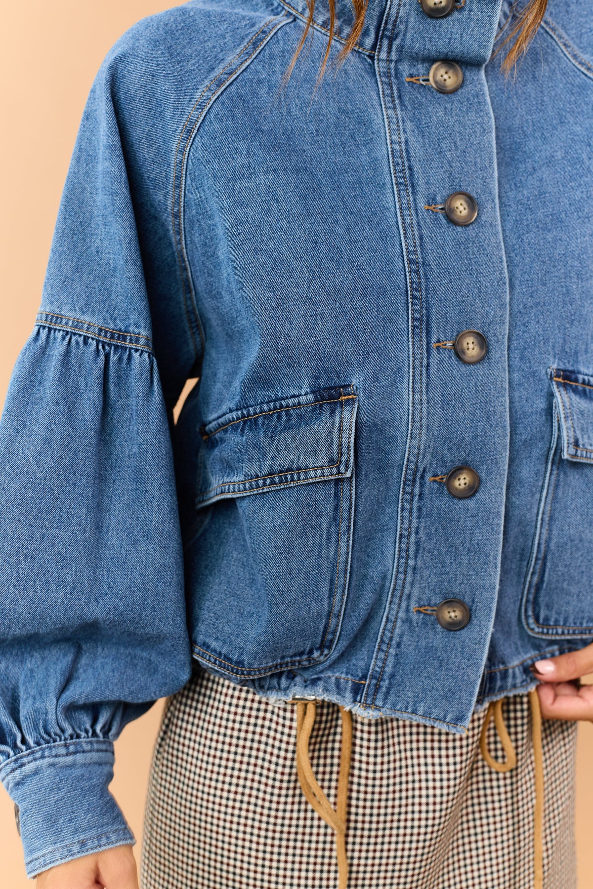 Medium Wash Denim Button Down Puff Sleeve Jacket