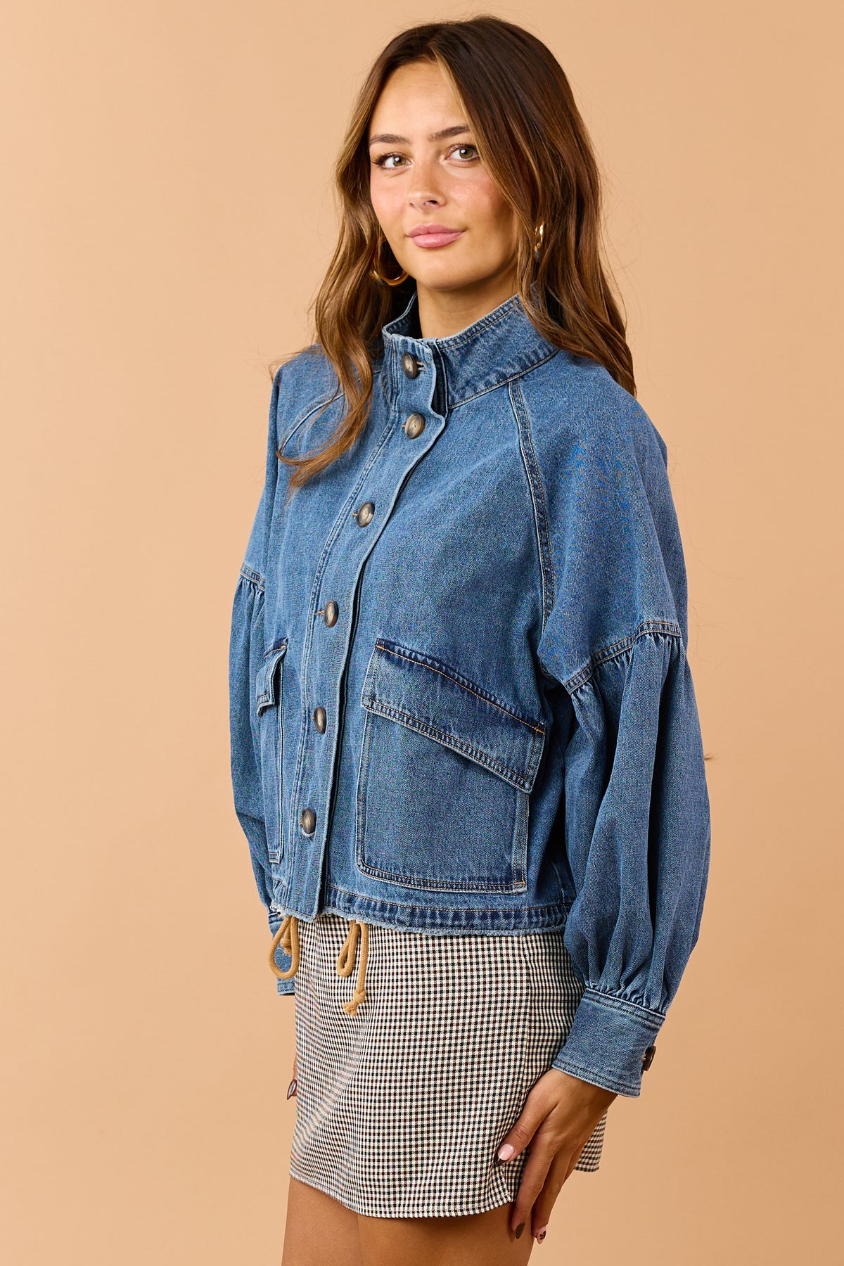 Medium Wash Denim Button Down Puff Sleeve Jacket