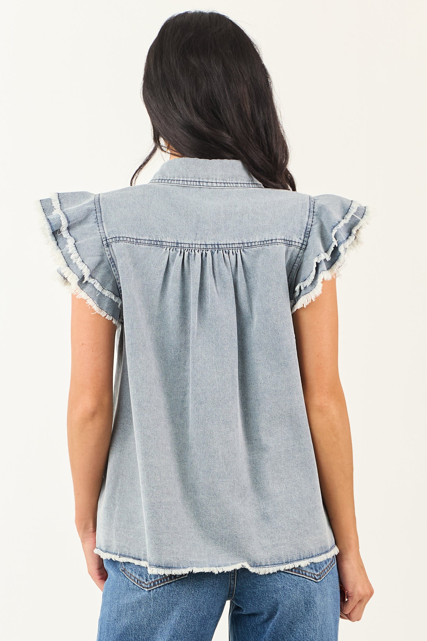 Medium Wash Denim Button Down Ruffle Cap Sleeve Top