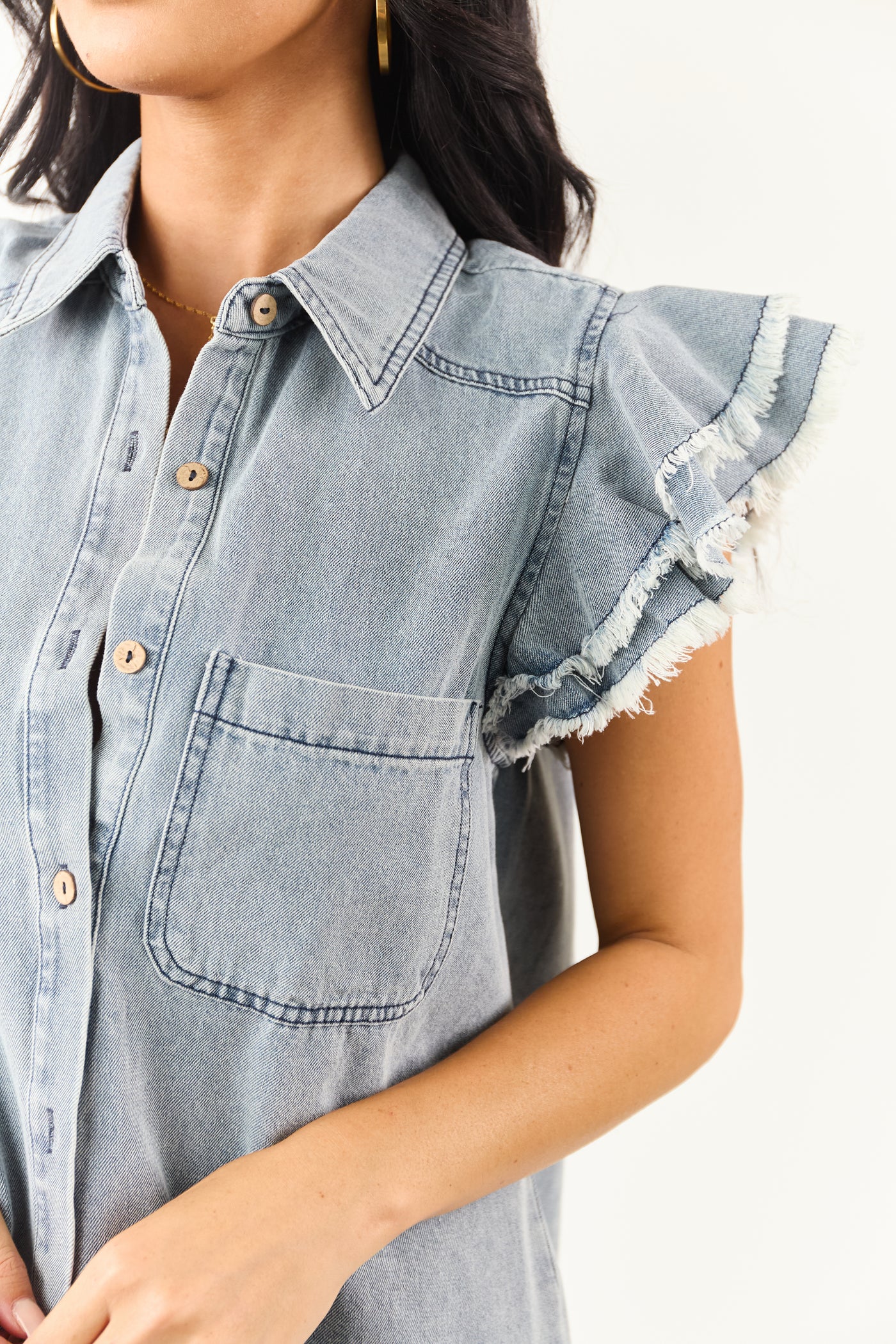Medium Wash Denim Button Down Ruffle Cap Sleeve Top
