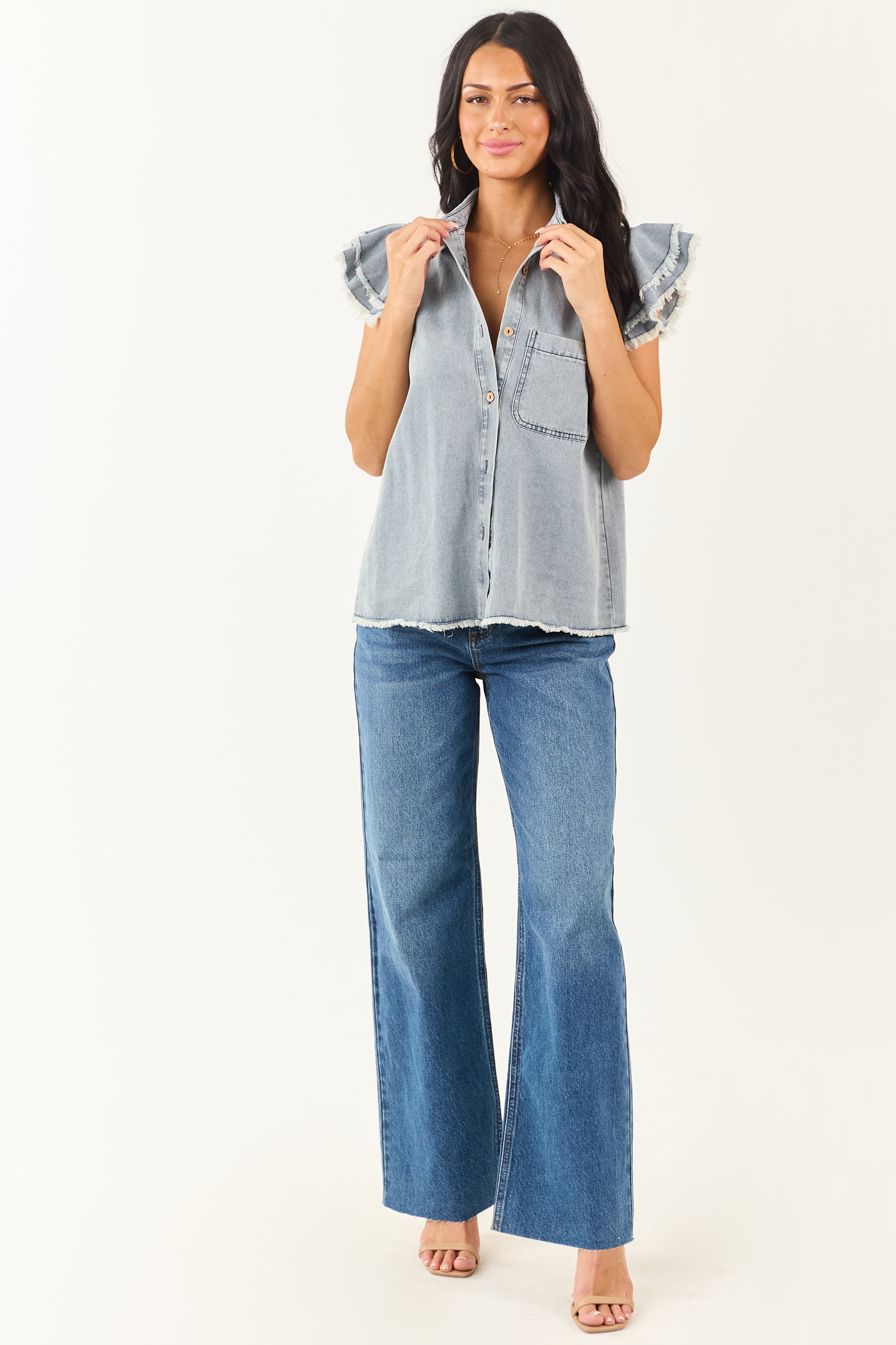 Medium Wash Denim Button Down Ruffle Cap Sleeve Top