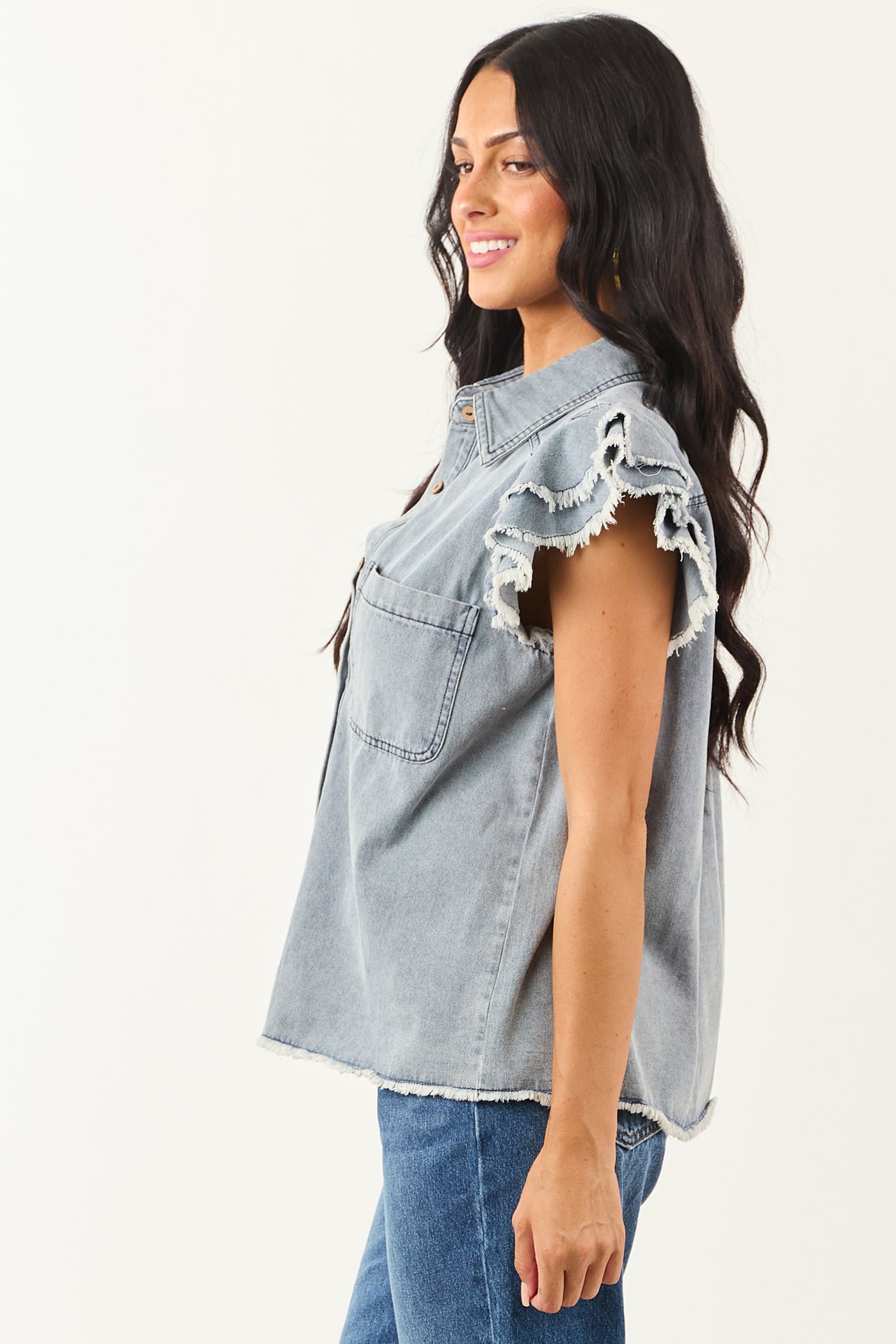Medium Wash Denim Button Down Ruffle Cap Sleeve Top