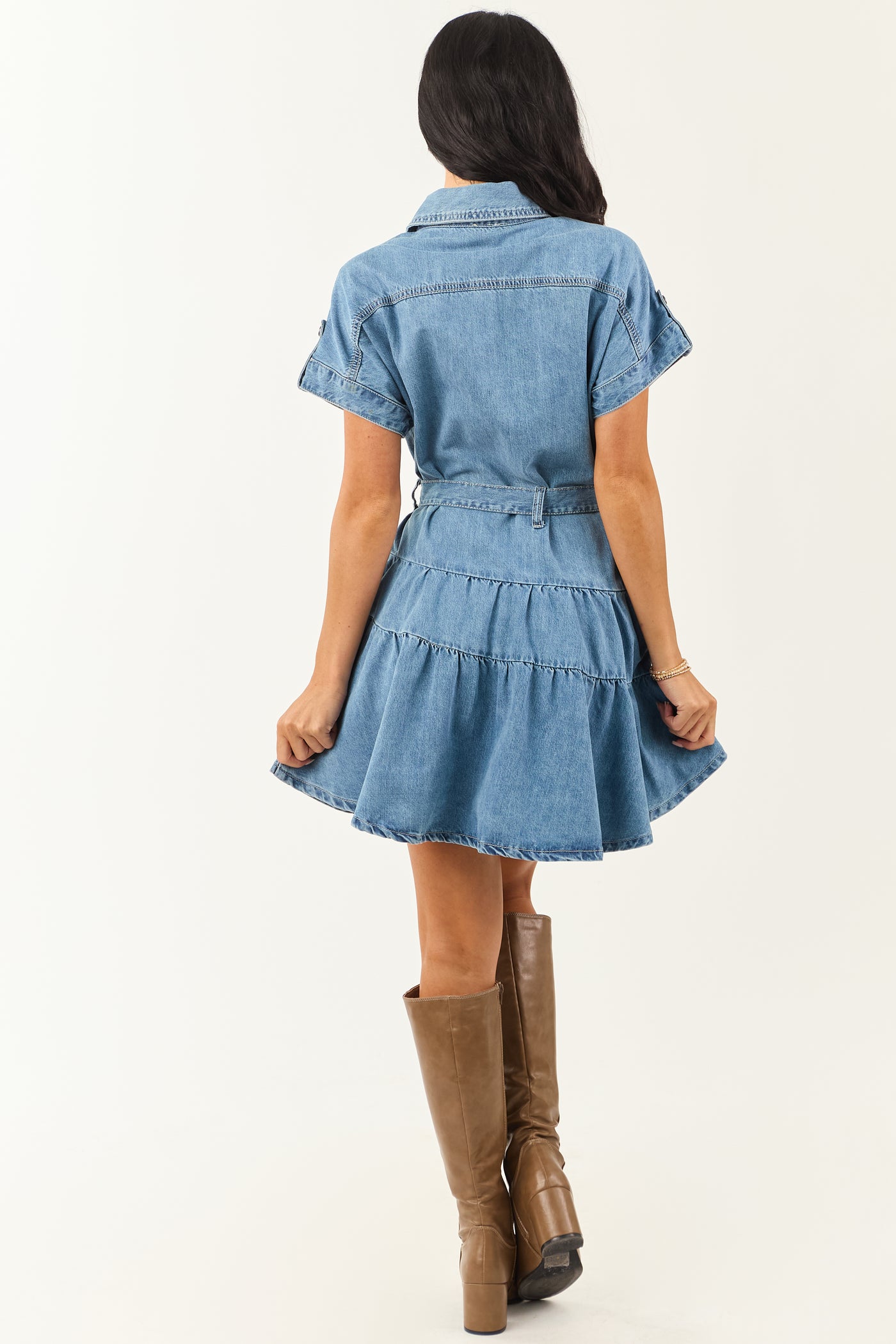 Medium Wash Denim Button Up Tiered Mini Dress