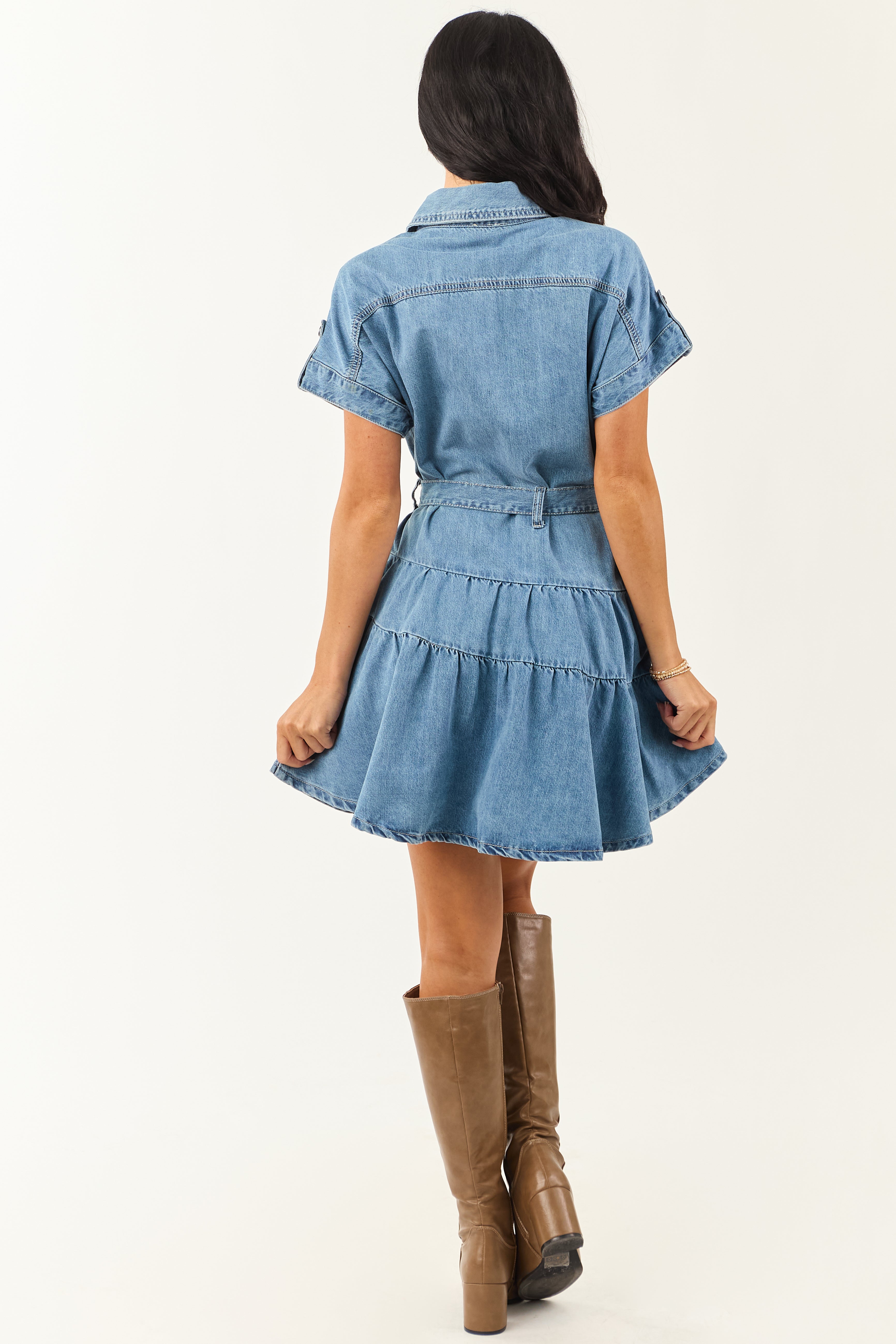 Medium Wash Denim Button Up Tiered Mini Dress