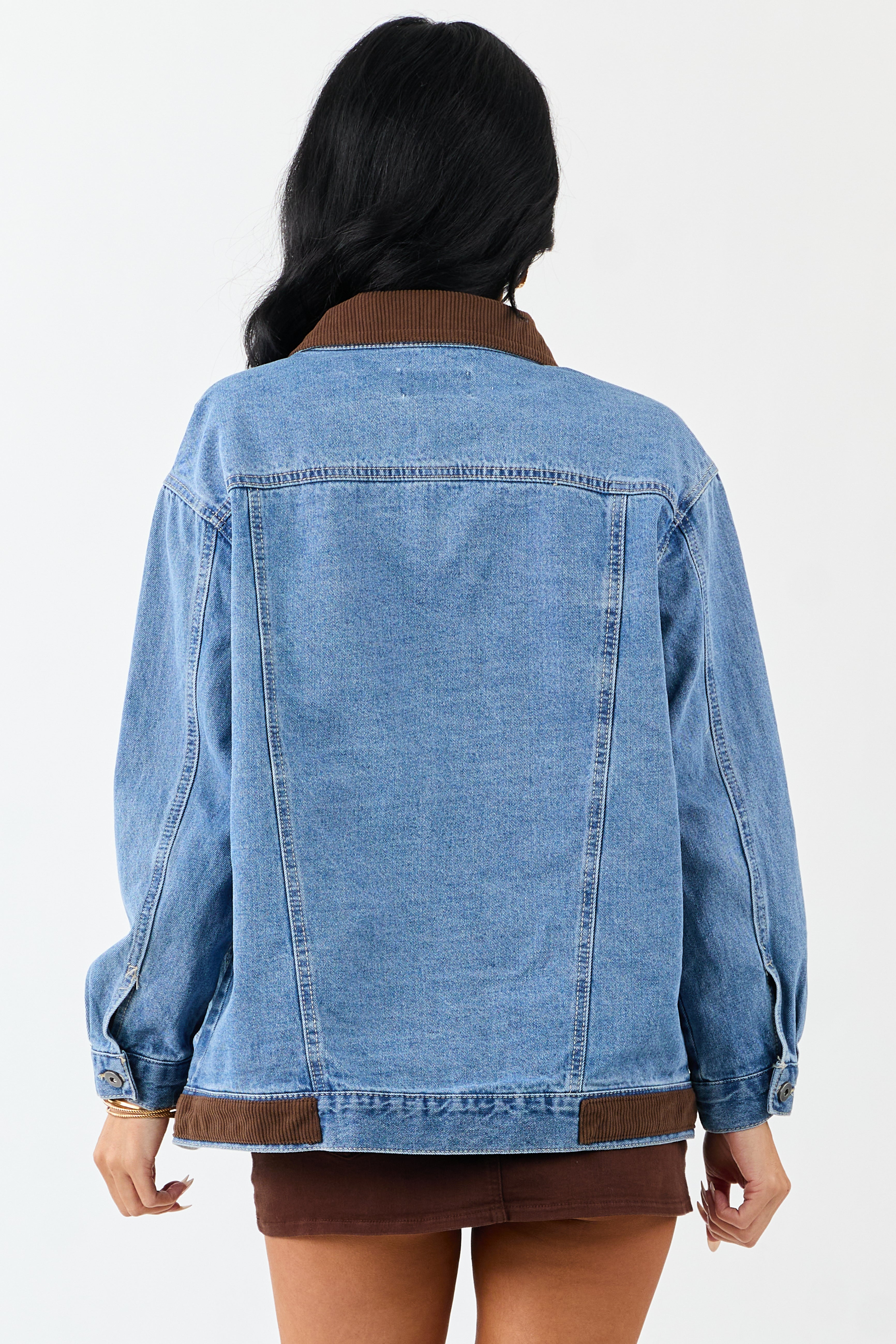 Medium Wash Denim Contrast Corduroy Collar Jacket