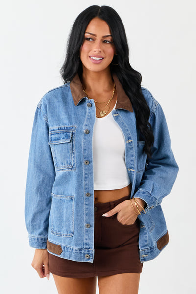 Medium Wash Denim Contrast Corduroy Collar Jacket