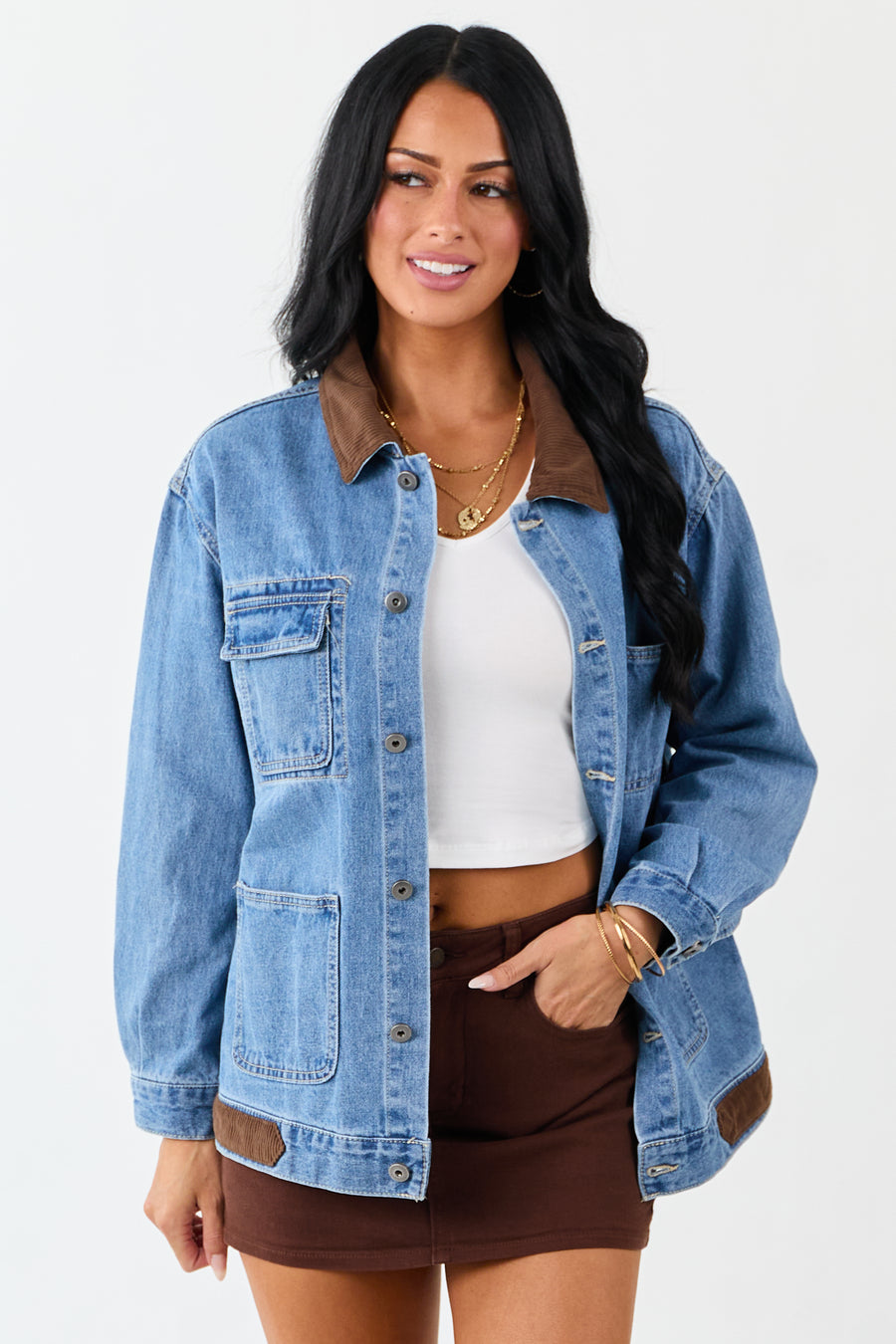 Medium Wash Denim Contrast Corduroy Collar Jacket