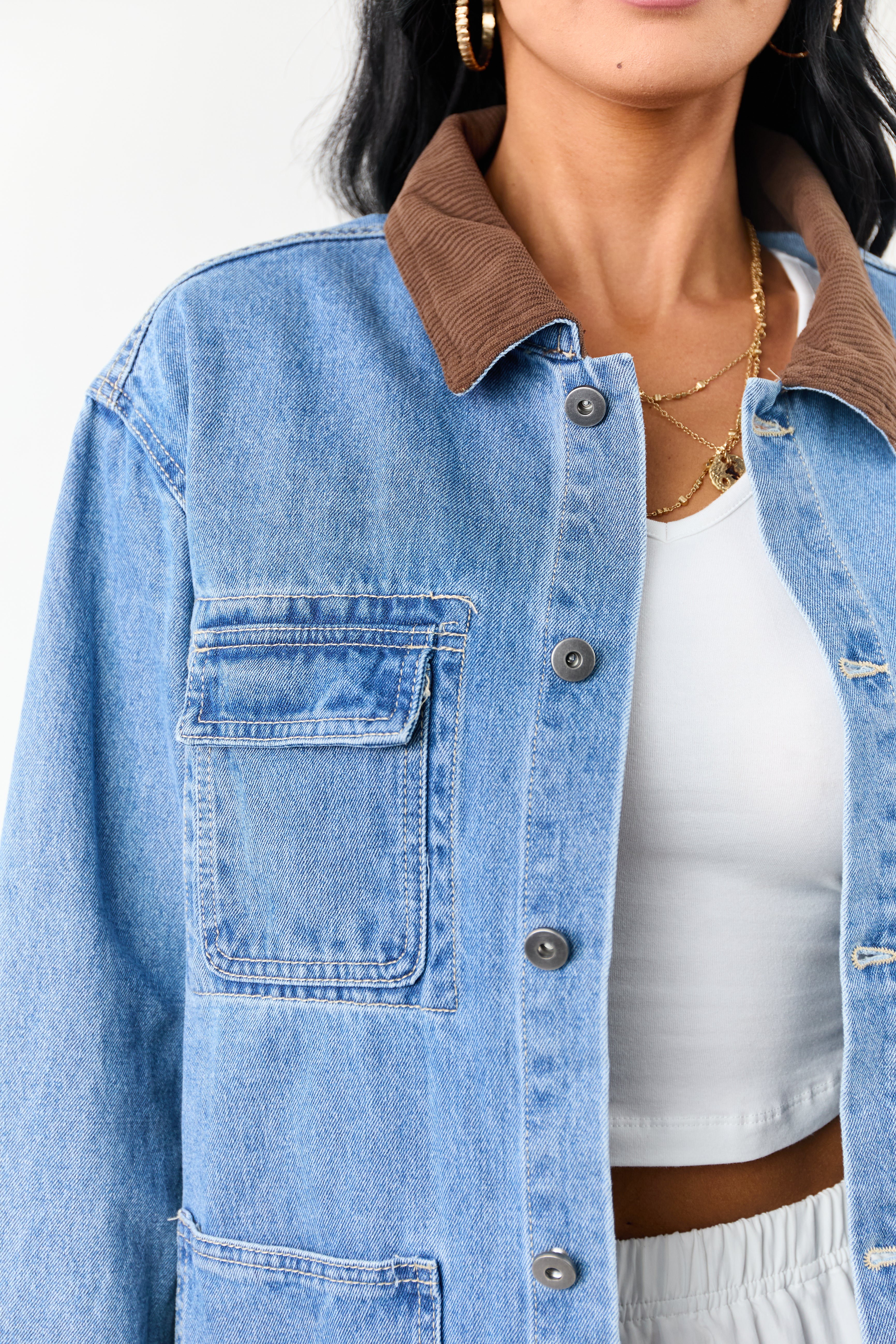Medium Wash Denim Contrast Corduroy Collar Jacket