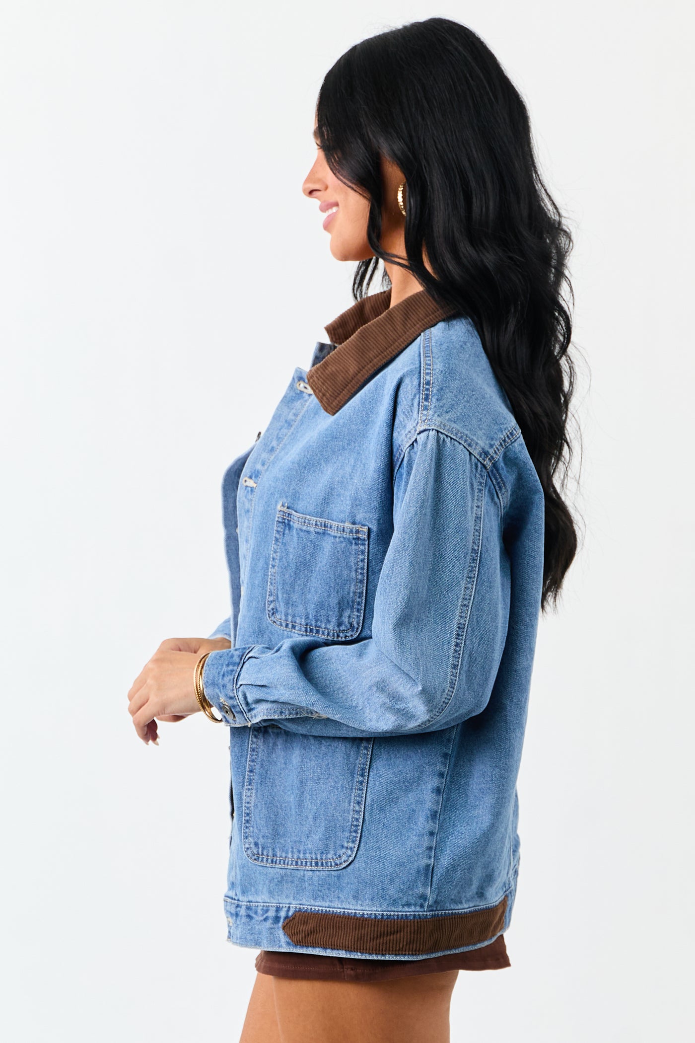 Medium Wash Denim Contrast Corduroy Collar Jacket