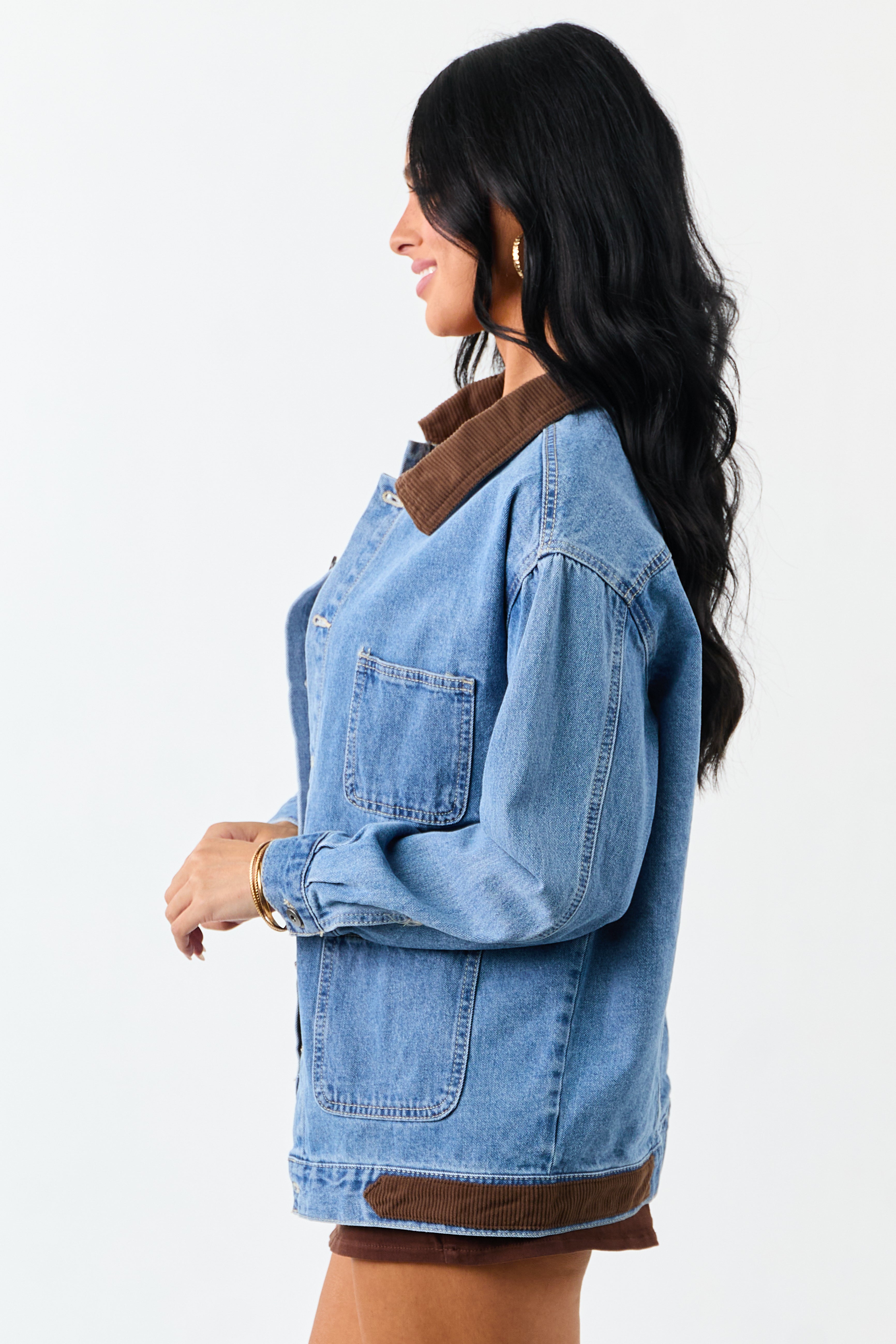 Medium Wash Denim Contrast Corduroy Collar Jacket