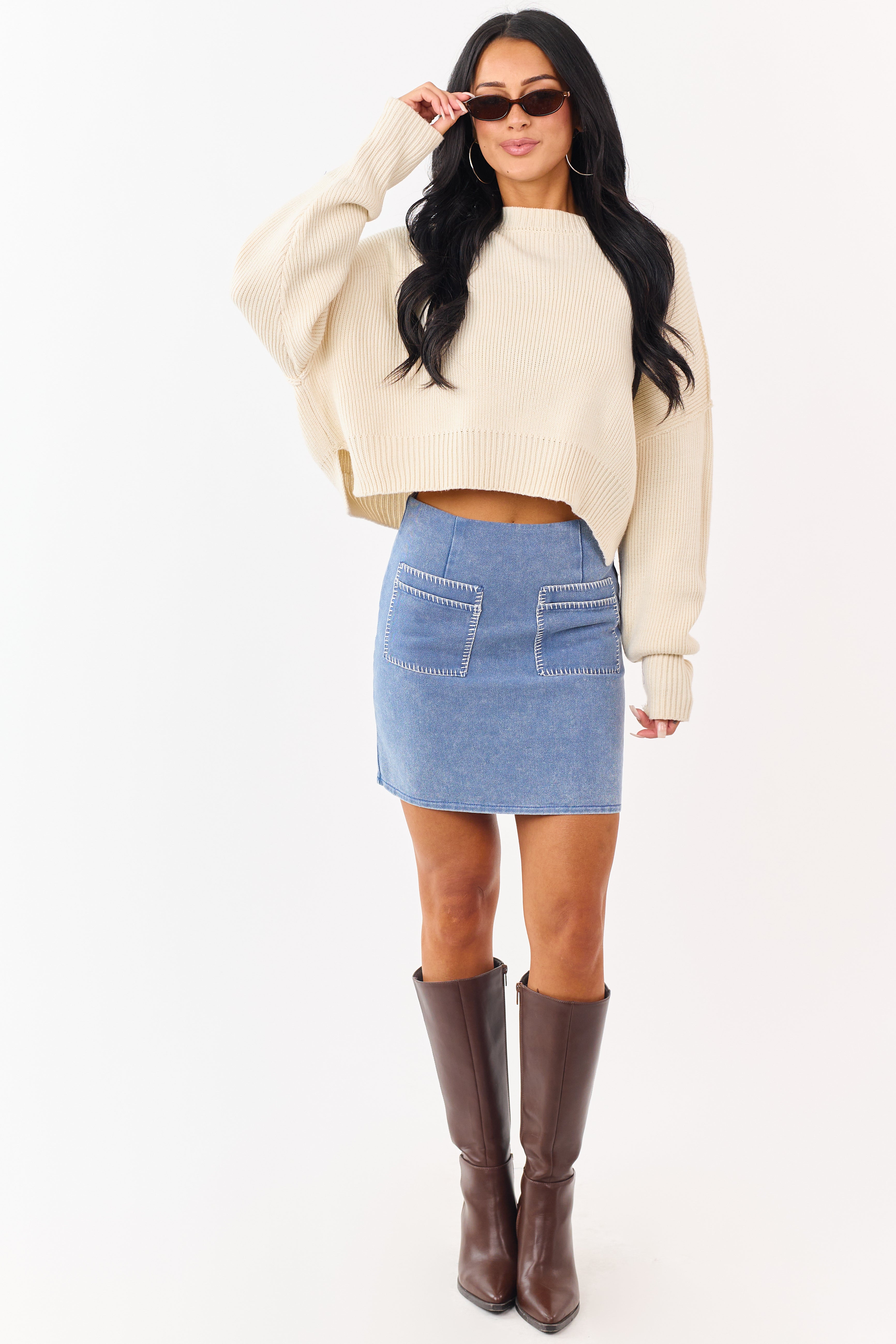 Medium Wash Denim Contrast Stitch Pocket Mini Skirt